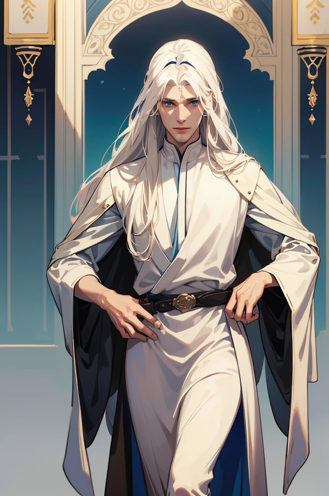 A tall, handsome, courageous, athletic young man, long hair, platinum blond with blue eyes, tanned skin, he has long straight platinum hair, he is dressed in the clothes of Arab sheikhs (white bisht, on his head he has a gutra and a yigal). A scabbard bolt is attached to his belt, and one hand rests on the hilt of a sword. Masterpiece, detailed study of the face, beautiful face, beautiful facial features, perfect image, realistic shots, detailed study of faces, full-length image, 8k, detailed image, extremely detailed illustration, a real masterpiece of the highest quality, with careful drawing.