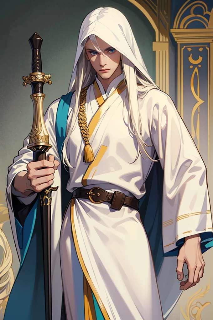 A tall, handsome, courageous, athletic young man, long hair, platinum blond with blue eyes, tanned skin, he has long straight platinum hair, he is dressed in the clothes of Arab sheikhs (white bisht, on his head he has a gutra and a yigal). A scabbard bolt is attached to his belt, and one hand rests on the hilt of a sword. Masterpiece, detailed study of the face, beautiful face, beautiful facial features, perfect image, realistic shots, detailed study of faces, full-length image, 8k, detailed image, extremely detailed illustration, a real masterpiece of the highest quality, with careful drawing.