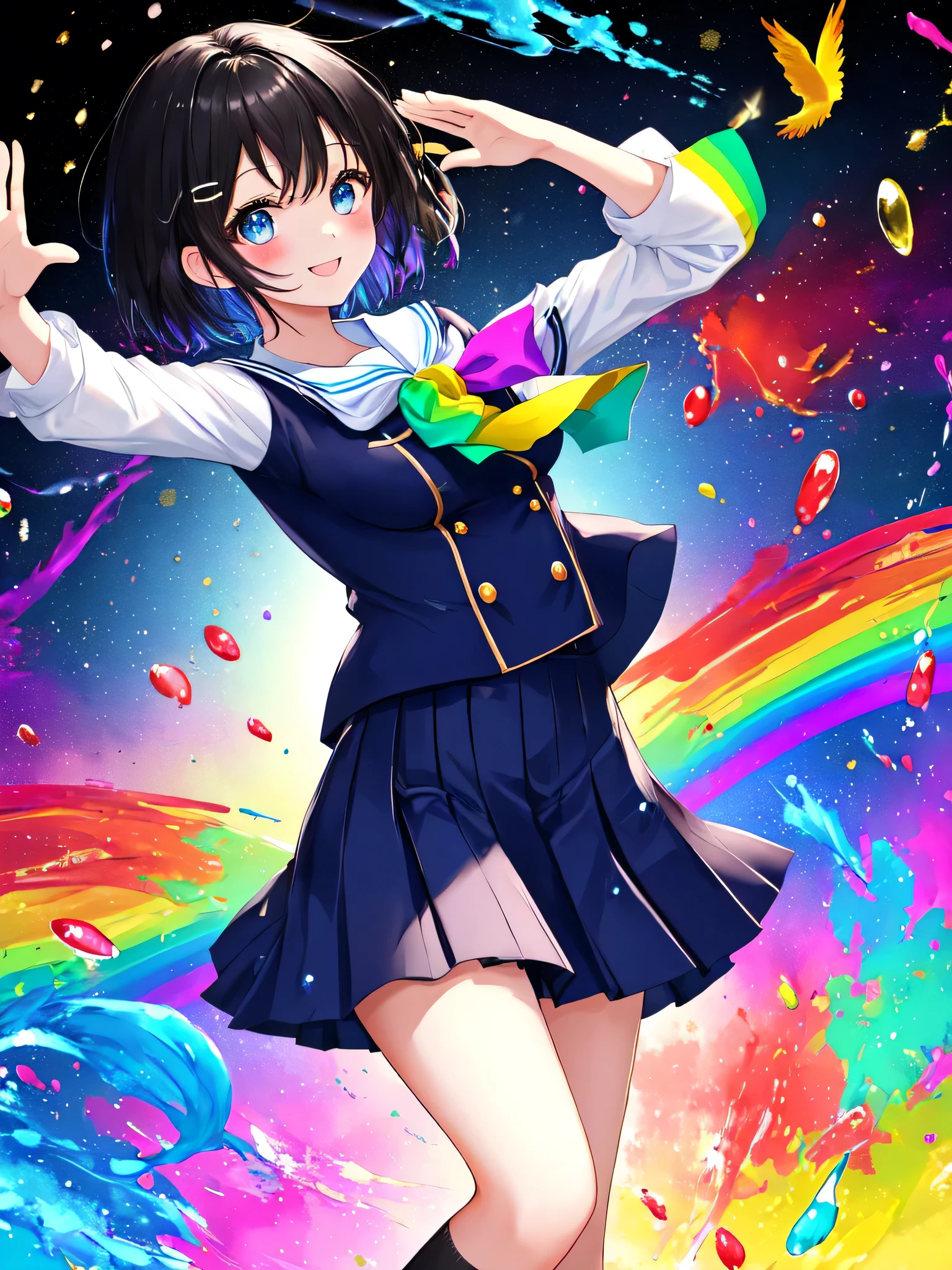((highest quality))、(masterpiece))、((Super detailed))、(Very delicate and beautiful)、girl、solo、smile、((High School Uniform))、She is very(Relax)Living(Calm)Appearance、Dark-haired、Bright navy blue eyes、Black hair with light blue inner color at the tip、rainbow、Where the rainbow falls、Rainbow on background、Rich color background、Attractive background、Colorful background、Spattered colors、Splash Paint、short hair、hairpin、Small breasts、Sparkling eyes、Girl Flying in the Sky、Rainbow colored paint、Have tact、Musical notes dancing、Painted uniform