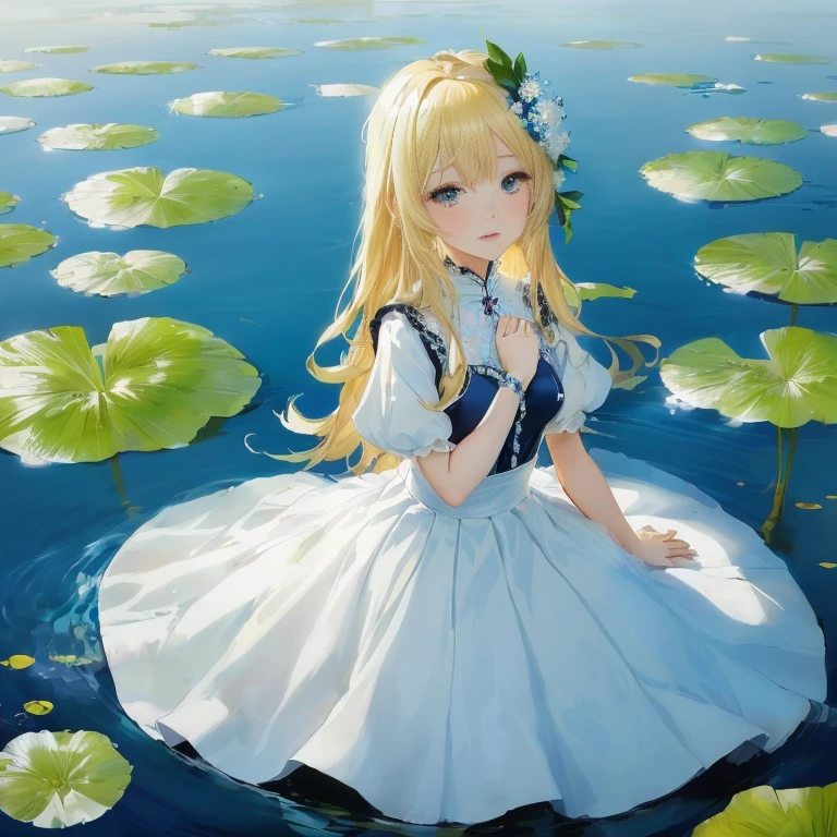 anime girl in a white dress sitting in a pond of water, splash art anime ,  in dress, anime visual of a cute girl, beautiful anime girl, wallpaper anime blue water, cute anime waifu in a nice dress, blonde anime girl with long hair, anime girl in a maid costume, beautiful anime, beautiful anime art, anime girl walking on water
