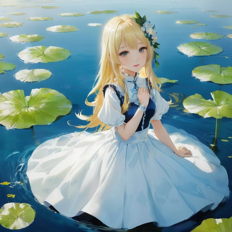 anime girl in a white dress sitting in a pond of water, splash art anime , in dress, anime visual of a cute girl, beautiful anime girl, wallpaper anime blue water, cute anime waifu in a nice dress, blonde anime girl with long hair, anime girl in a maid costume, beautiful anime, beautiful anime art, anime girl walking on water