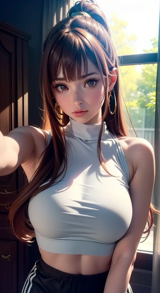 extension,(cinematic scene,fantasy art,Maximum image quality,retrato hiperrealista,(8k),ultrarrealista,Mejor calidad,alta calidad,High Definition,textura de alta calidad,alto detalle,Hermoso detallado,bien detallado,extremadamente detalles CG,textura detallada,realistic face representation,mesa,presencia,dynamic,Atrevido),1 chica,piel ultra detallada,curva,,Hermosos pechos,pechos grandes,pale skin,pecho puntiagudo,pezones erectos,cola de caballo,(Cabello ultrafino),(Cabello ultra suave),(cabello ultra liso),Flequillo largo barrido,very light copper amber hair,Pelo sobre un ojo,uniforme de gimnasio