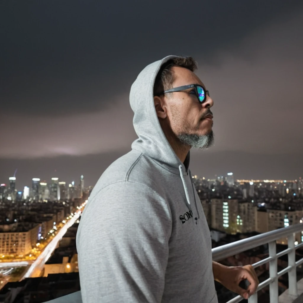 gutto2024abr, Urban Panorama from a Rooftop
(RAW, 8K, UHD, photorealistic, studio chiaroscuro lighting, Sony Alpha mirrorless camera, high depth of field, ultra details and realism: 1.4)
Person:
* Urban explorer:
* Sporting a pair of stylish glasses perched on his nose
* A neatly trimmed beard framing his face
* Dressed in a comfortable hoodie and sweatpants, exuding a casual yet stylish vibe
* Leaning against the railing of a rooftop, his gaze fixed on the sprawling cityscape below
Setting:
* Futuristic cyberpunk metropolis:
* Towering skyscrapers piercing the clouds, their metallic facades reflecting the sunlight
* Neon lights and holographic advertisements illuminating the bustling streets
* A network of highways and flying vehicles weaving through the urban landscape
* A sense of vibrancy and energy pulsating through the air
Additional Details:
* The man's eyes reflect the vibrant colors of the city, hinting at his fascination with the urban landscape.
* His posture exudes a sense of confidence and contentment as he surveys his surroundings.
* The chiaroscuro lighting accentuates the contrast between the man's light-filled figure and the dark, gritty city below.
* The Sony Alpha mirrorless camera captures every minute detail, from the intricate patterns of the skyscrapers to the subtle expressions on the man's face.