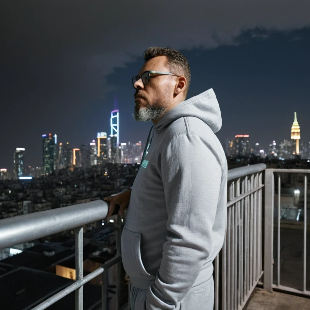 gutto2024abr, Urban Panorama from a Rooftop
(RAW, 8K, UHD, photorealistic, studio chiaroscuro lighting, Sony Alpha mirrorless camera, high depth of field, ultra details and realism: 1.4)
Person:
* Urban explorer:
* Sporting a pair of stylish glasses perched on his nose
* A neatly trimmed beard framing his face
* Dressed in a comfortable hoodie and sweatpants, exuding a casual yet stylish vibe
* Leaning against the railing of a rooftop, his gaze fixed on the sprawling cityscape below
Setting:
* Futuristic cyberpunk metropolis:
* Towering skyscrapers piercing the clouds, their metallic facades reflecting the sunlight
* Neon lights and holographic advertisements illuminating the bustling streets
* A network of highways and flying vehicles weaving through the urban landscape
* A sense of vibrancy and energy pulsating through the air
Additional Details:
* The man's eyes reflect the vibrant colors of the city, hinting at his fascination with the urban landscape.
* His posture exudes a sense of confidence and contentment as he surveys his surroundings.
* The chiaroscuro lighting accentuates the contrast between the man's light-filled figure and the dark, gritty city below.
* The Sony Alpha mirrorless camera captures every minute detail, from the intricate patterns of the skyscrapers to the subtle expressions on the man's face.