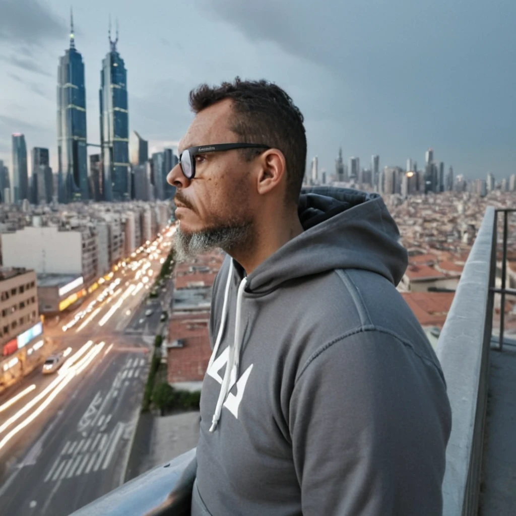 gutto2024abr, Urban Panorama from a Rooftop
(RAW, 8K, UHD, photorealistic, studio chiaroscuro lighting, Sony Alpha mirrorless camera, high depth of field, ultra details and realism: 1.4)
Person:
 * Urban explorer:
   * Sporting a pair of stylish glasses perched on his nose
   * A neatly trimmed beard framing his face
   * Dressed in a comfortable hoodie and sweatpants, exuding a casual yet stylish vibe
   * Leaning against the railing of a rooftop, his gaze fixed on the sprawling cityscape below
Setting:
 * Futuristic cyberpunk metropolis:
   * Towering skyscrapers piercing the clouds, their metallic facades reflecting the sunlight
   * Neon lights and holographic advertisements illuminating the bustling streets
   * A network of highways and flying vehicles weaving through the urban landscape
   * A sense of vibrancy and energy pulsating through the air
Additional Details:
 * The man's eyes reflect the vibrant colors of the city, hinting at his fascination with the urban landscape.
 * His posture exudes a sense of confidence and contentment as he surveys his surroundings.
 * The chiaroscuro lighting accentuates the contrast between the man's light-filled figure and the dark, gritty city below.
 * The Sony Alpha mirrorless camera captures every minute detail, from the intricate patterns of the skyscrapers to the subtle expressions on the man's face.
