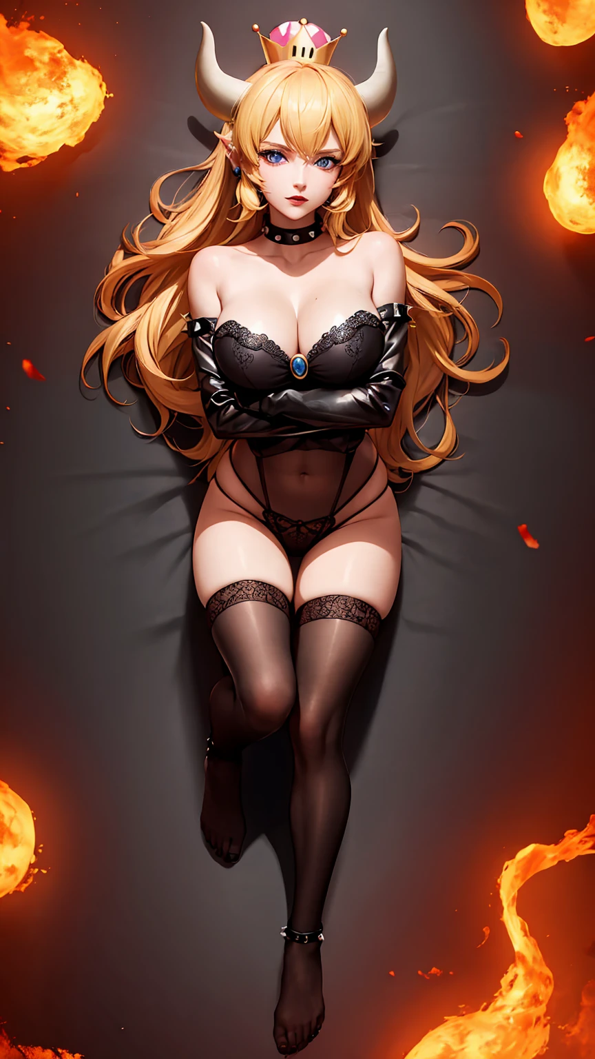 ((high detailed, best quality, 4k, masterpiece, hd:1.3)), ((best quality)), (((HD))), (((8k))), (ultraDH), (ultra HD), Princess Daisy, blue eyes, BREAK blue eyes, seductive, attractive, smooth anime cg art, 36C breasts, long legs, vivid colors, detailed digital art, slim body, perfect skin, dark blonde hair, long hair, blonde hair, blonde hair, BREAK crown, cleavage, 36C cleavage, looking at viewer, BREAK looking at viewer, extremely detailed face, red santa suit, red santa claus suit, santa claus suit, earrings, gem, dark black makeup lips, dark gothic eyeshadows, dark eyeshadows, black eyeshadows, black sexy lips, black lips, (dark:1.2), dark lips, very dark lips, (perfect hands, perfect anatomy), black makeup, black medium lips, black thick lips, detailed fingers, five fingers per hand, 5 fingers, (1 girl), detailed lips, detailed black lips, black painted lips, gothic painted lips, BREAK night, night sky, (breast focus), (arms outstreched:1.2), (from above:1.1), (breasts out:1.3), (off shoulder:1.1), (white horns), (bra), inside a lava castle, she inside a sea of lava, she bathing in lava, full body, perfect long legs, perfect foots, legs and foots into the lava,