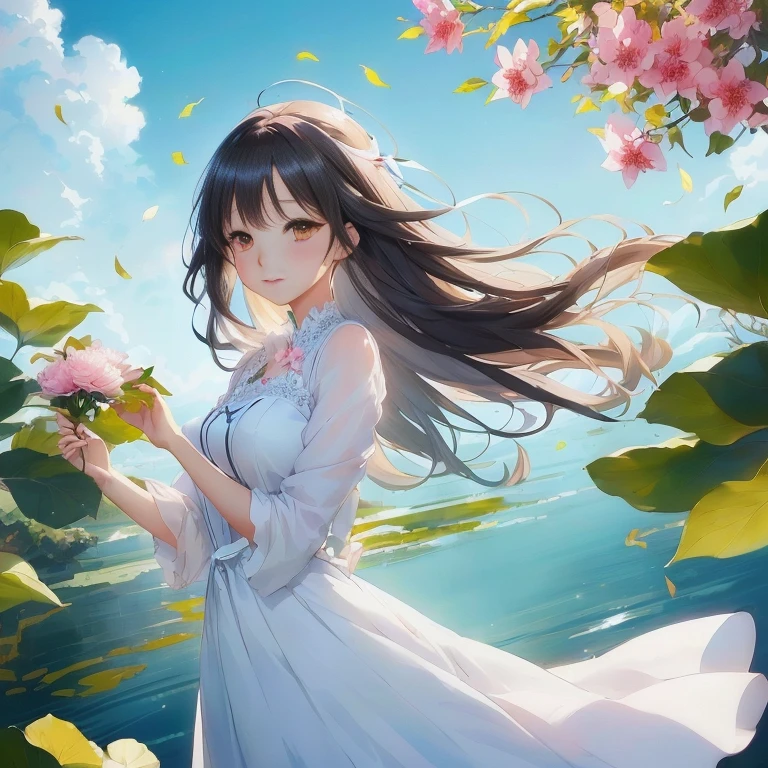 anime girl in a white dress holding a pink flower, beautiful anime, anime style 4 k, beautiful anime girl, anime art wallpaper 8 k, anime art wallpaper 4k, anime art wallpaper 4 k, beautiful anime portrait, beautiful anime art, beautiful anime artwork, smooth anime cg art, anime moe artstyle, 4k anime wallpaper, anime wallpaper 4k