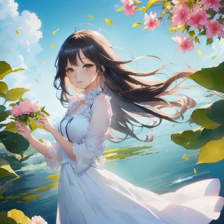 anime girl in a white dress holding a pink flower, beautiful anime, anime style 4 k, beautiful anime girl, anime art wallpaper 8 k, anime art wallpaper 4k, anime art wallpaper 4 k, beautiful anime portrait, beautiful anime art, beautiful anime artwork, smooth anime cg art, anime moe artstyle, 4k anime wallpaper, anime wallpaper 4k