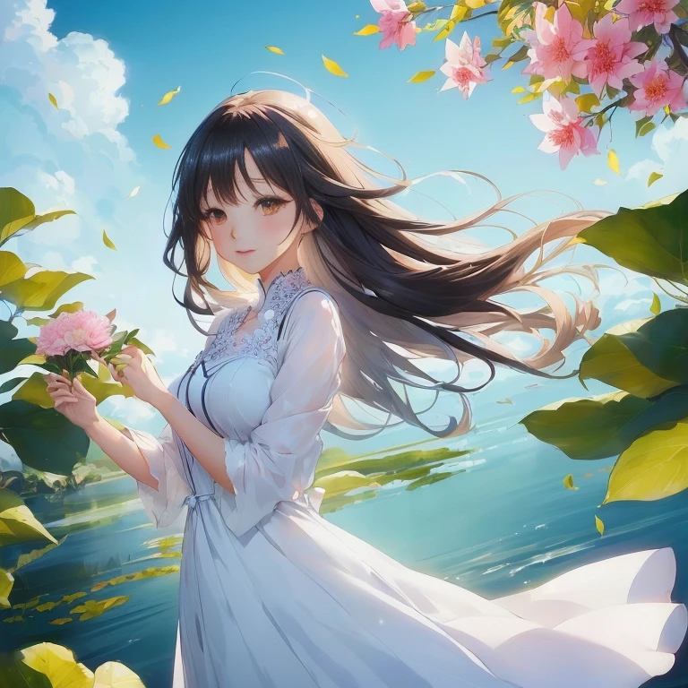 anime girl in a white dress holding a pink flower, beautiful anime, anime style 4 k, beautiful anime girl, anime art wallpaper 8 k, anime art wallpaper 4k, anime art wallpaper 4 k, beautiful anime portrait, beautiful anime art, beautiful anime artwork, smooth anime cg art, anime moe artstyle, 4k anime wallpaper, anime wallpaper 4k