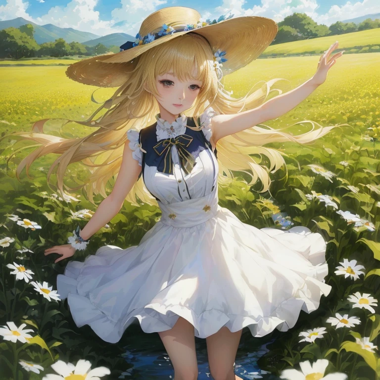 anime girl in a field of daisies with her arms outstretched, marisa kirisame, , in dress, splash art anime , rin, beautiful sunflower anime girl, lolish, anime visual of a cute girl, portrait of lolita, official artwork, guweiz on pixiv artstation, zerochan art, in field high resolution