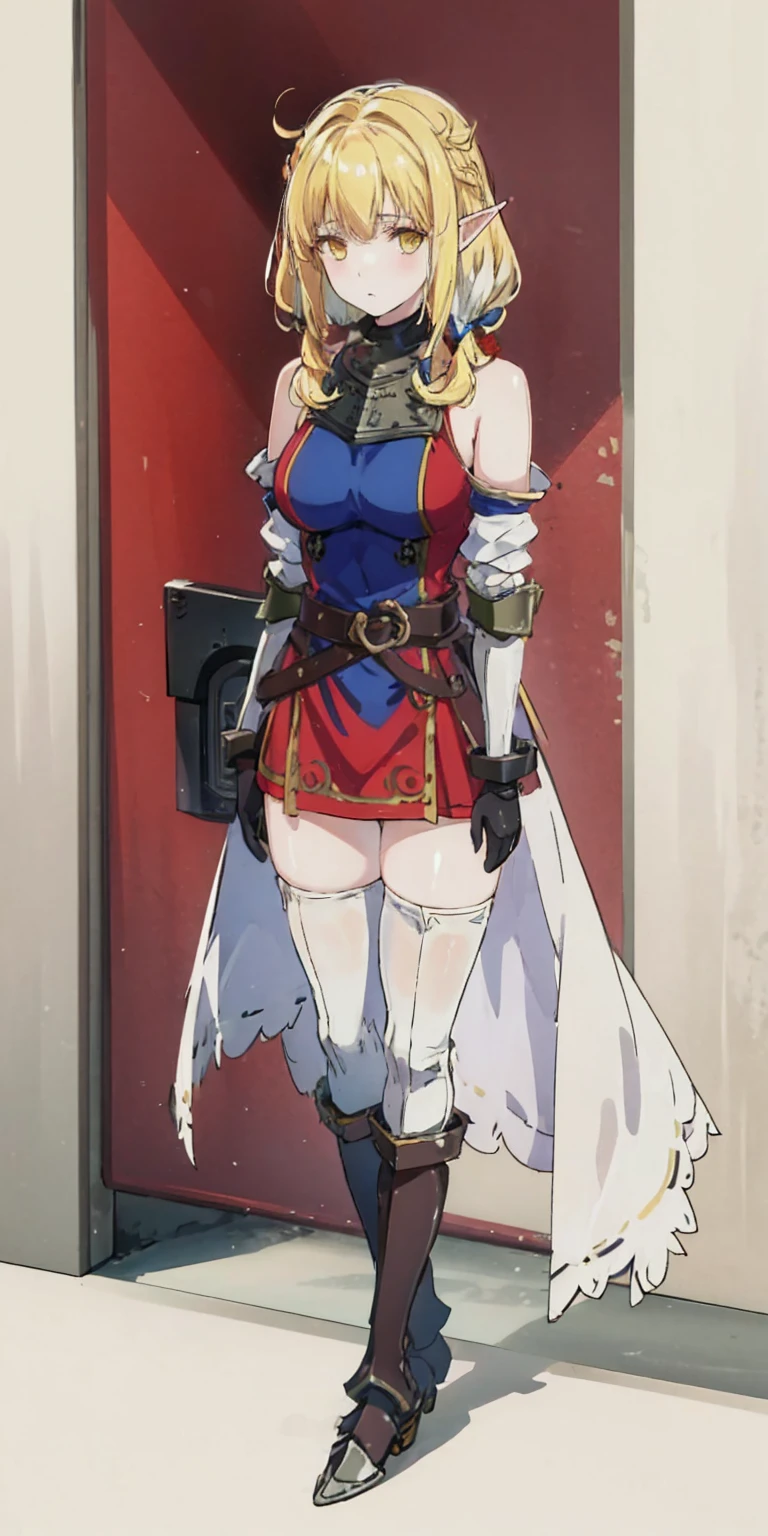 masterpiece, best quality, high quality, white SKIN elf, long hair, white hair, yellow eyes, full body, def_effie, blue breastplate, white skin, looking at viewer, shiny armor, thigh highs, high boots, shoulder armor, faulds, poleyn, gloves, gauntlets