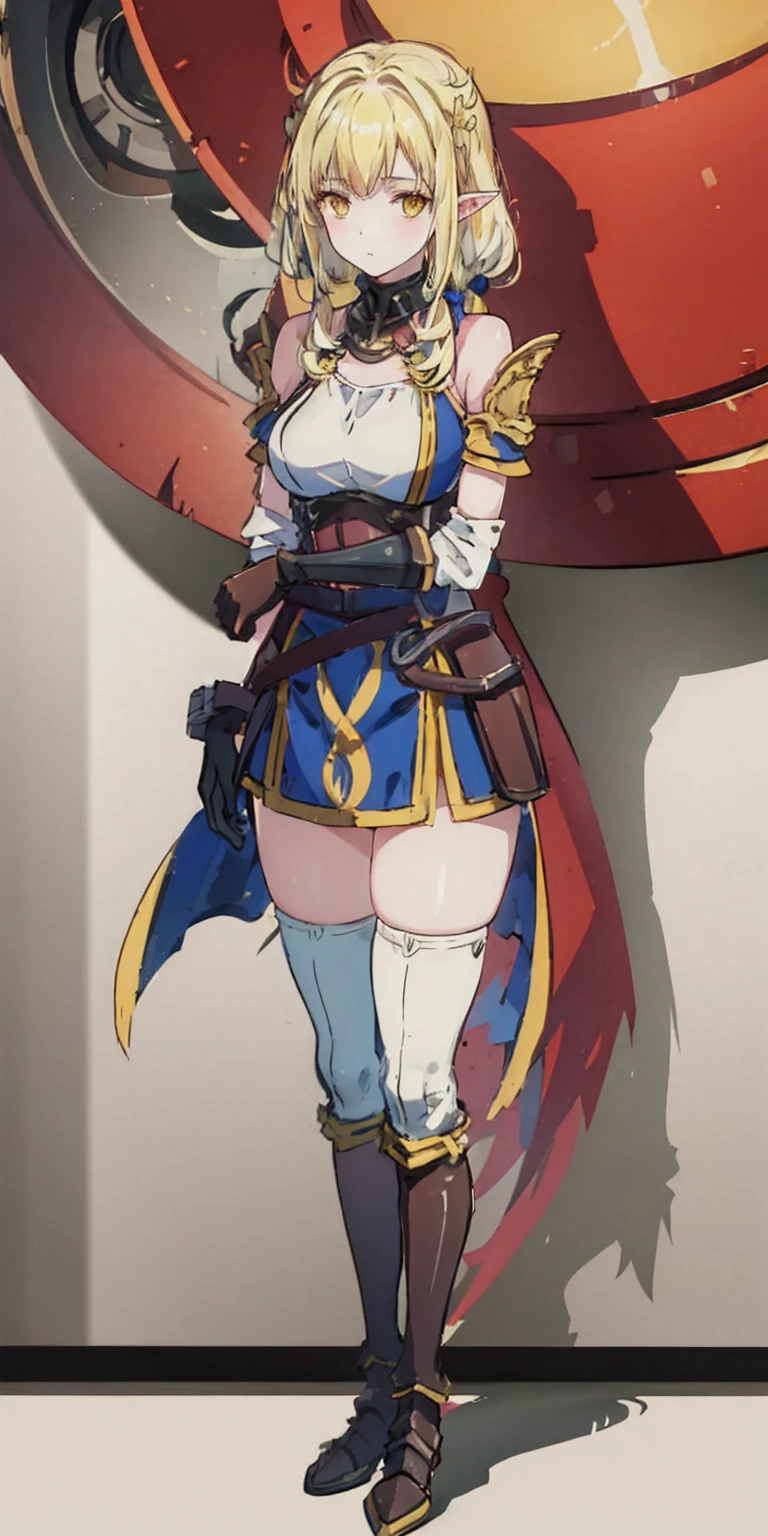 masterpiece, best quality, high quality, white SKIN elf, long hair, white hair, yellow eyes, full body, def_effie, blue breastplate, white skin, looking at viewer, shiny armor, thigh highs, high boots, shoulder armor, faulds, poleyn, gloves, gauntlets