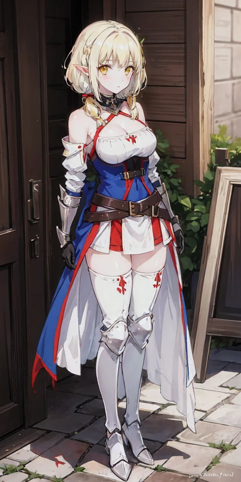 masterpiece, best quality, high quality, white SKIN elf, long hair, white hair, yellow eyes, full body, def_effie, blue breastplate, white skin, looking at viewer, shiny armor, thigh highs, high boots, shoulder armor, faulds, poleyn, gloves, gauntlets