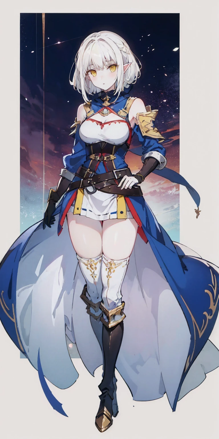 masterpiece, best quality, high quality, white SKIN elf, long hair, white hair, yellow eyes, full body, def_effie, blue breastplate, white skin, looking at viewer, shiny armor, thigh highs, high boots, shoulder armor, faulds, poleyn, gloves, gauntlets