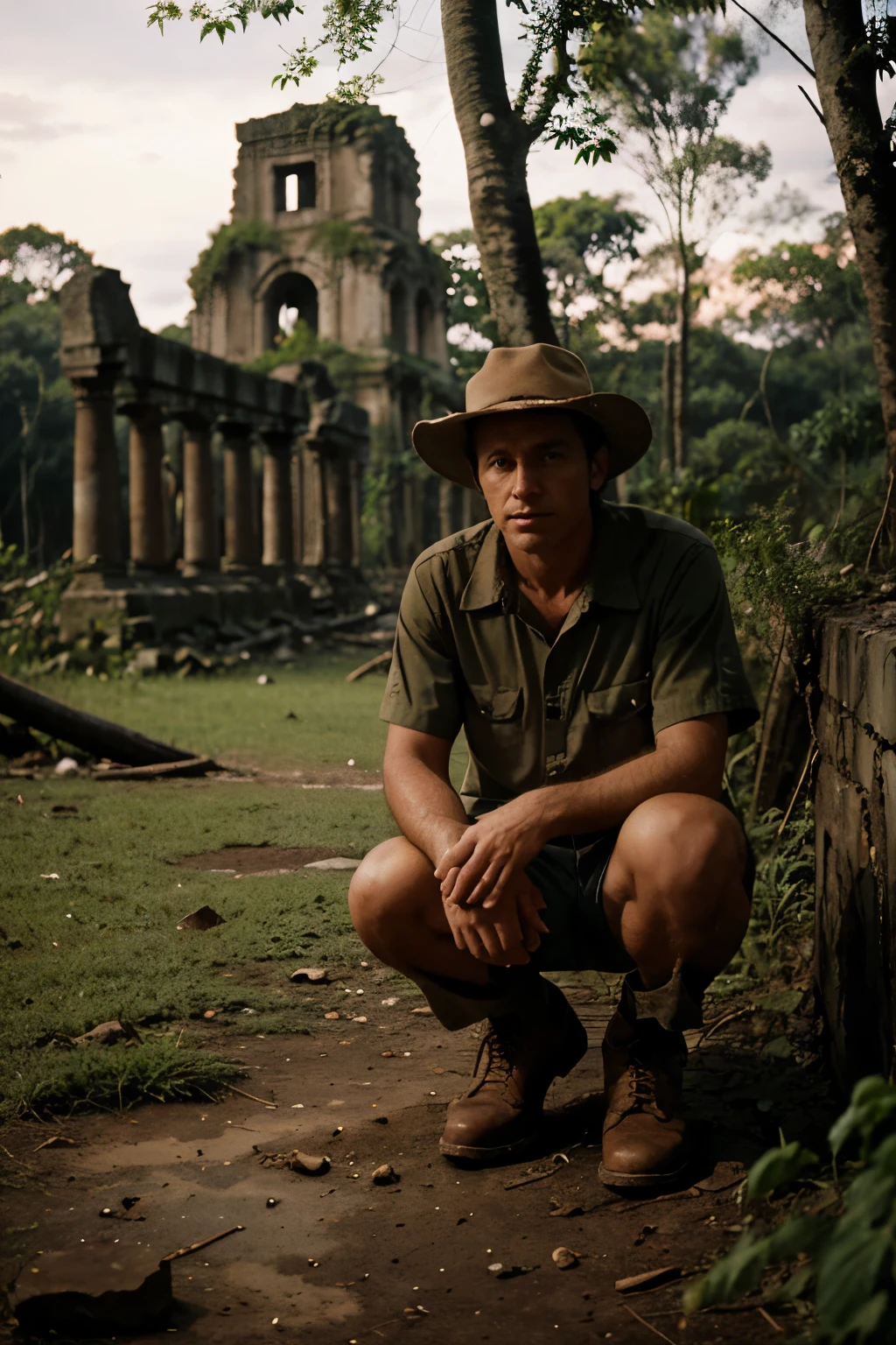 35mm, Agfa Vista 400, ISO-400, 1/30, f/4, low light exposure, extremely grainy photograph, eerie atmosphere. 40-year-old man wearing an old suit and a hat. 14-year-old girl, wearing jeans shorts, a shirt and boots. ruins of ancient city, deep in Amazon forest. Late afternoon. The duo walks a path filled with broken rocks. The girl is bewildered, the man is tired and crouching.