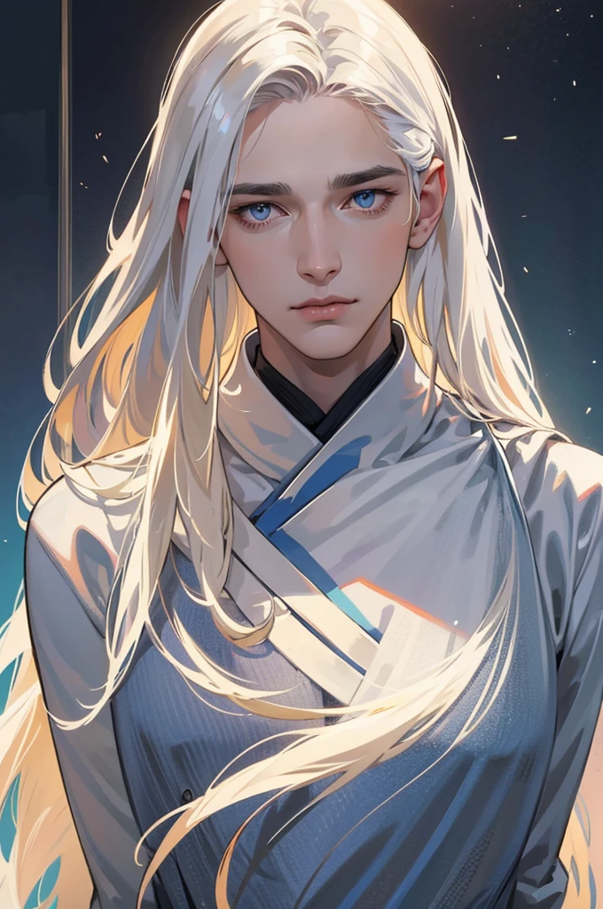 A tall, handsome, courageous, large, athletic young man, long straight hair, platinum blond with blue eyes, tanned skin, he has long straight platinum hair, he is dressed in a white tunic with dark blue patterns and white trousers. Masterpiece, detailed study of the face, beautiful face, beautiful facial features, perfect image, realistic shots, detailed study of faces, full-length image, 8k, detailed image, extremely detailed illustration, a real masterpiece of the highest quality, with careful drawing.