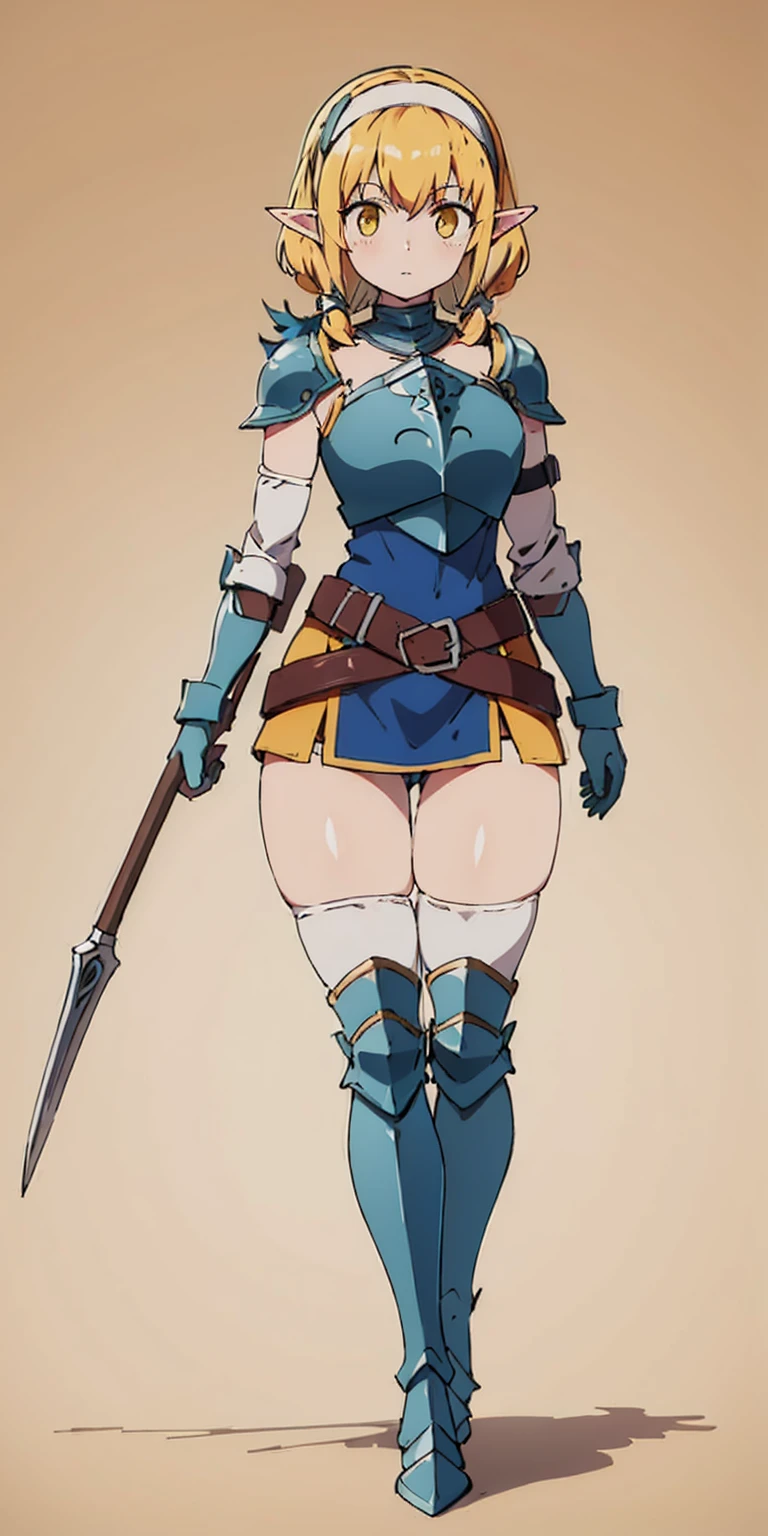 masterpiece, best quality, high quality, white SKIN elf, long hair, white hair, yellow eyes, full body, def_effie, blue breastplate, white skin, looking at viewer, shiny armor, thigh highs, high boots, shoulder armor, faulds, poleyn, gloves, gauntlets