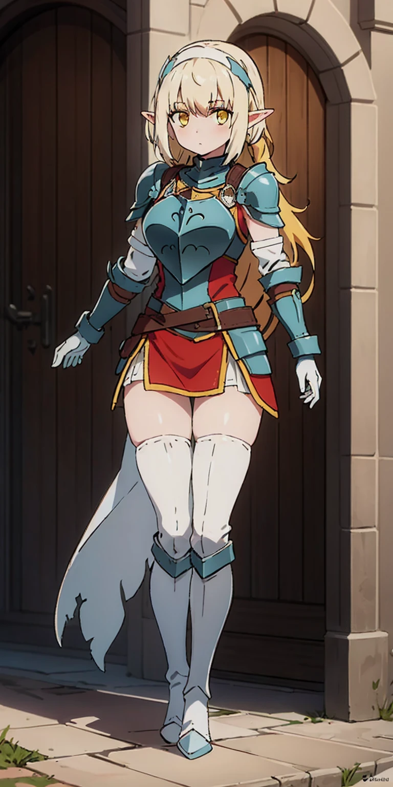 masterpiece, best quality, high quality, white SKIN elf, long hair, white hair, yellow eyes, full body, def_effie, blue breastplate, white skin, looking at viewer, shiny armor, thigh highs, high boots, shoulder armor, faulds, poleyn, gloves, gauntlets