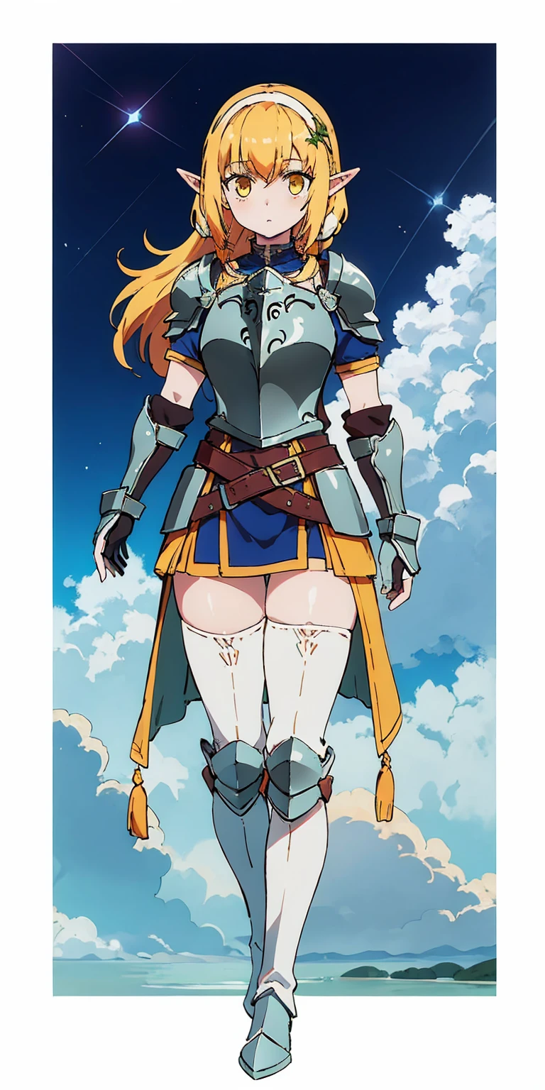 masterpiece, best quality, high quality, white SKIN elf, long hair, white hair, yellow eyes, full body, def_effie, blue breastplate, white skin, looking at viewer, shiny armor, thigh highs, high boots, shoulder armor, faulds, poleyn, gloves, gauntlets