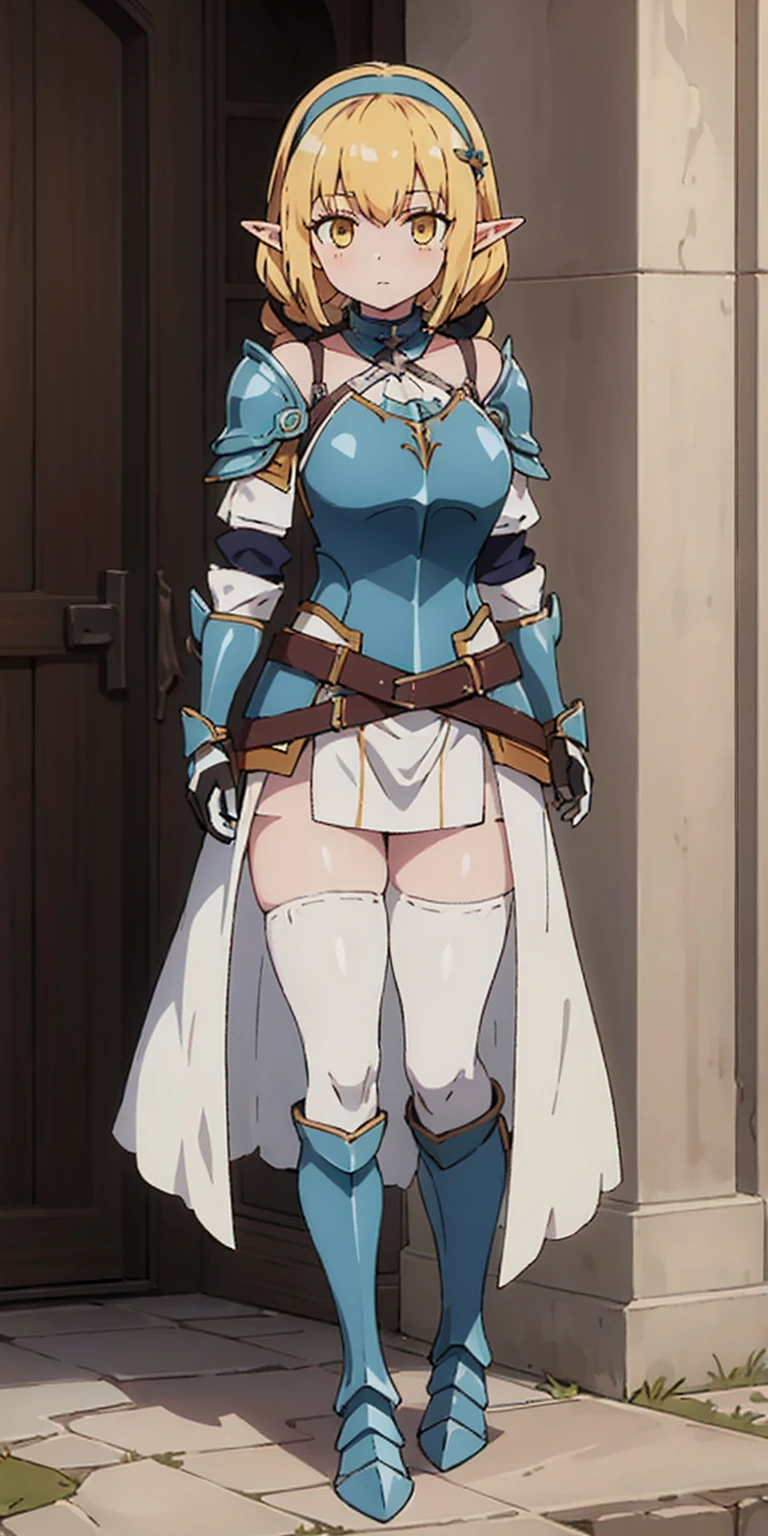 masterpiece, best quality, high quality, white SKIN elf, long hair, white hair, yellow eyes, full body, def_effie, blue breastplate, white skin, looking at viewer, shiny armor, thigh highs, high boots, shoulder armor, faulds, poleyn, gloves, gauntlets