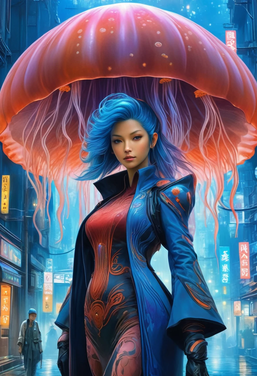 best quality,4k,8k,highres,masterpiece:1.2,ultra-detailed,realistic:1.37,HDR,UHD,studio lighting,ultra-fine painting,sharp focus,physically-based rendering,(Yoshitaka Amano style:1.1),SFW,(safe for work), A 30 years old woman and her guardian familiar, mystical creature,otherworldly creature,enchanting companions,wearing stylish futuristic clothes,inspired by Phantasy Star Online,action shot, (The woman, with her eyes brightly colored, no makeup and her indian facial features elegantly detailed, adding to her allure. Dressed in elegant casual clothes with a stylish futuristic jacket.), (She is accompanied by a guardian, a fungi jellyfish mixed creature with exquisite features resembling a kaiju. The creature's presence adds a sense of wonder and magic to the scene.), (The woman and her companion stand in a dark and gothic city, a modern metropolis with surreal plants, and vibrant signs. The colors are vibrant, with a mixture of dark blues, browns, and pale reds creating a dreamlike atmosphere.), (The lighting is soft but illuminating, casting a gentle glow on both the woman and the creature.), (The overall composition has a realistic and photorealistic quality, capturing the essence of the scene in intricate detail.), (The art style is inspired by Yoshitaka Amano, known for his ethereal and otherworldly illustrations. The combination of realistic elements with the artist's unique style creates a captivating and visually stunning image.),Greg Rutkowski