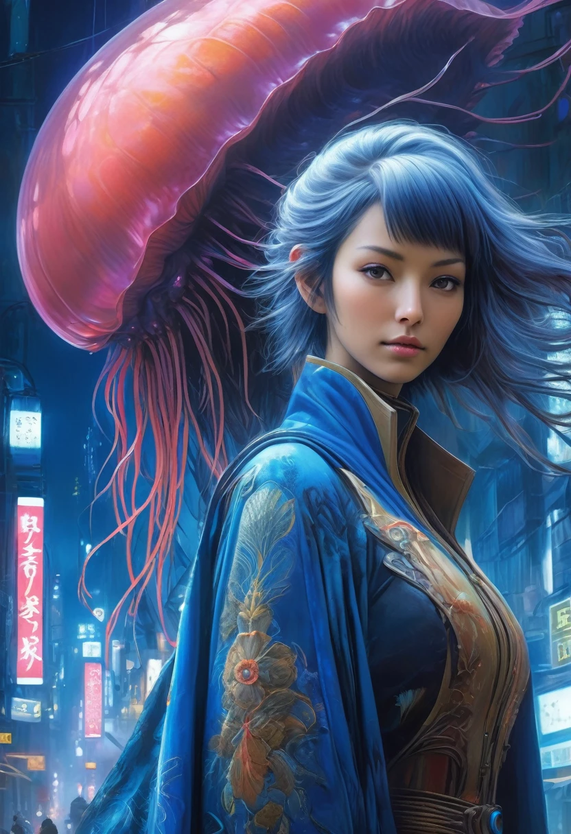 best quality,4k,8k,highres,masterpiece:1.2,ultra-detailed,realistic:1.37,HDR,UHD,studio lighting,ultra-fine painting,sharp focus,physically-based rendering,(Yoshitaka Amano style:1.1),SFW,(safe for work), A 30 years old woman and her guardian familiar, mystical creature,otherworldly creature,enchanting companions,wearing stylish futuristic clothes,inspired by Phantasy Star Online,action shot, (The woman, with her eyes brightly colored, no makeup and her indian facial features elegantly detailed, adding to her allure. Dressed in elegant casual clothes with a stylish futuristic jacket.), (She is accompanied by a guardian, a fungi jellyfish mixed creature with exquisite features resembling a kaiju. The creature's presence adds a sense of wonder and magic to the scene.), (The woman and her companion stand in a dark and gothic city, a modern metropolis with surreal plants, and vibrant signs. The colors are vibrant, with a mixture of dark blues, browns, and pale reds creating a dreamlike atmosphere.), (The lighting is soft but illuminating, casting a gentle glow on both the woman and the creature.), (The overall composition has a realistic and photorealistic quality, capturing the essence of the scene in intricate detail.), (The art style is inspired by Yoshitaka Amano, known for his ethereal and otherworldly illustrations. The combination of realistic elements with the artist's unique style creates a captivating and visually stunning image.),Greg Rutkowski