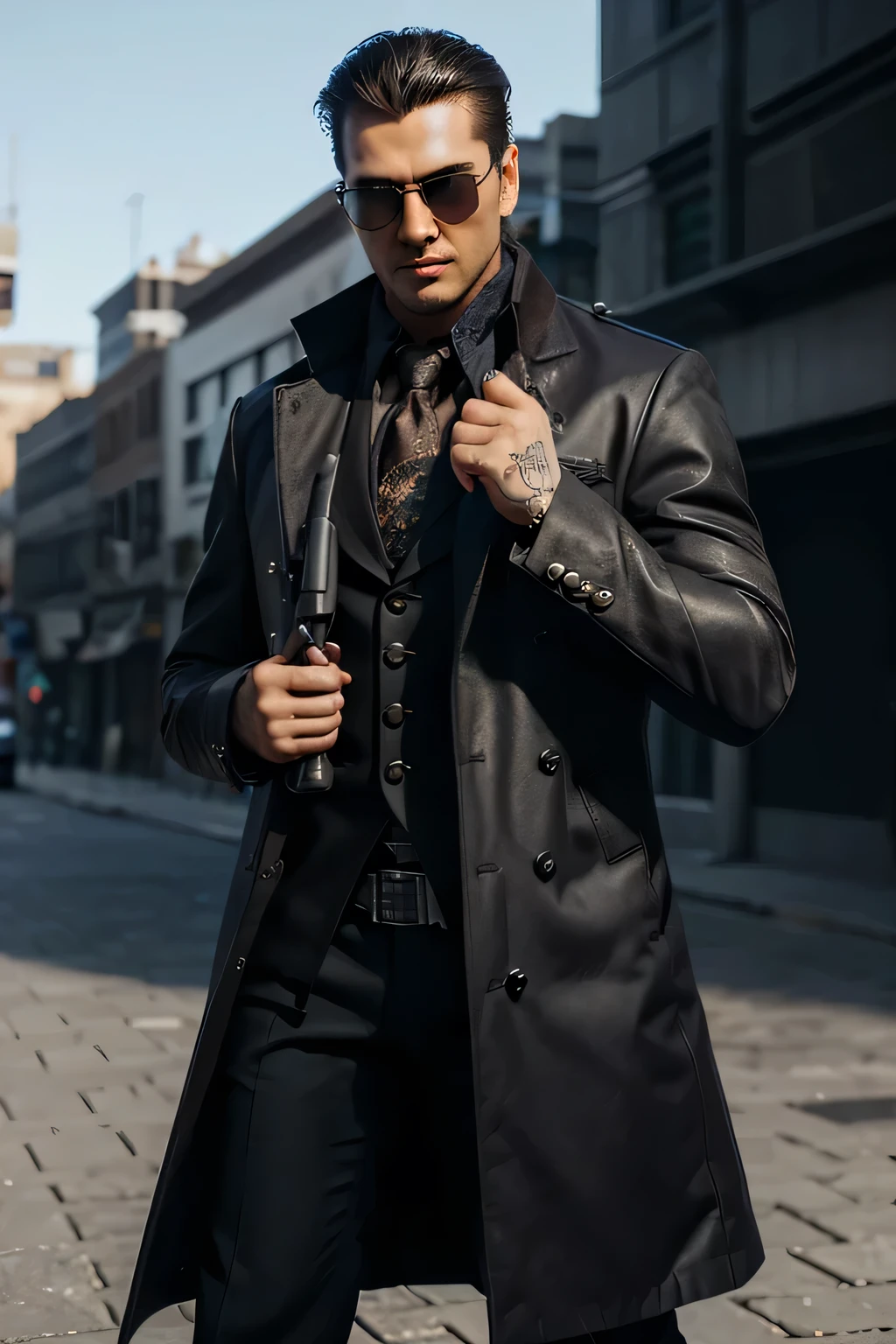 avant-grade  style details  accessory gun in hand  dynamic pose  mafia man  intricate designer high fashion costume character photorealistic wearing  sunglasses wearing long coat charismatic stylish 3d game character costume design