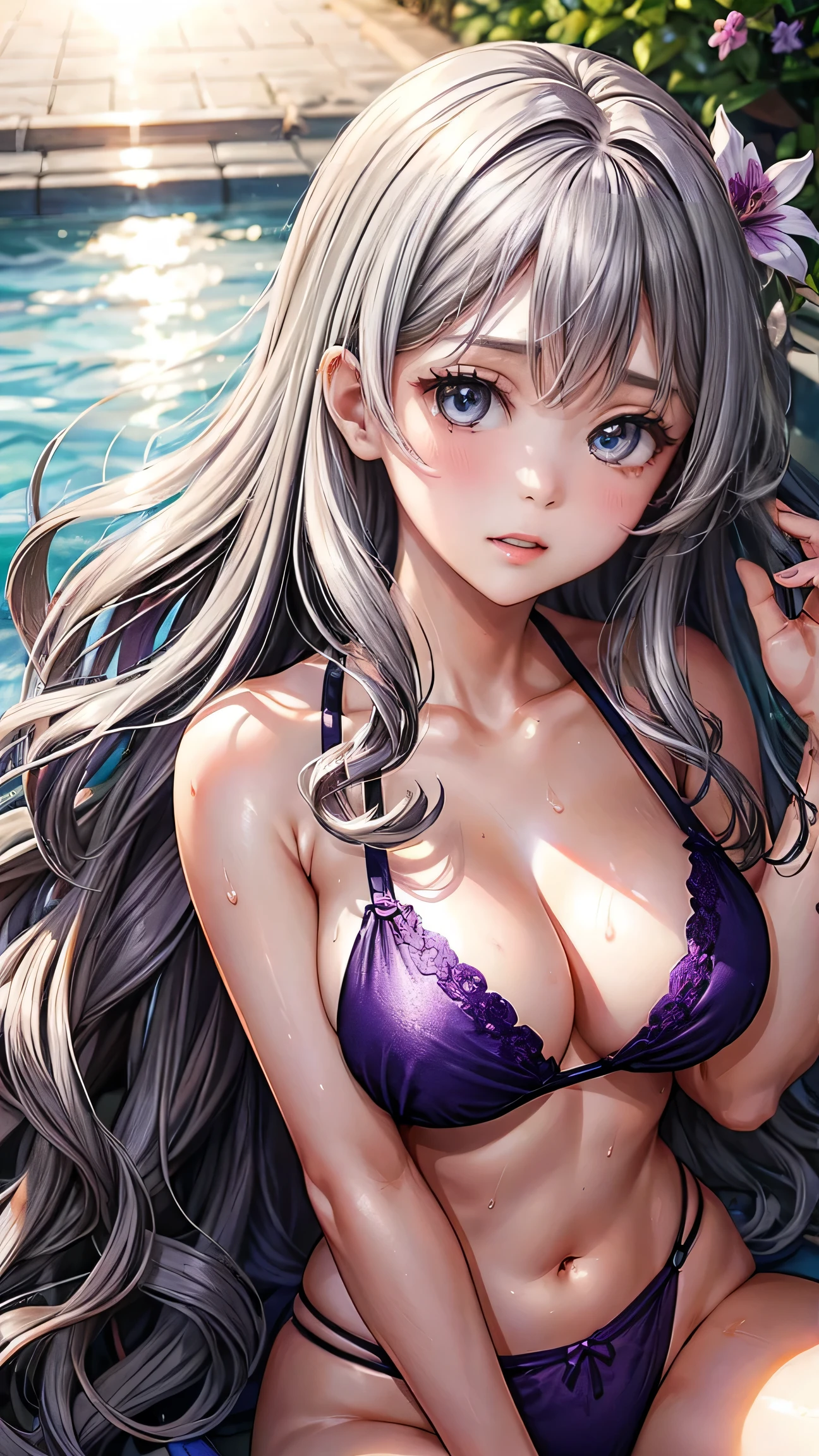 Realistic, 1 girl, Gray Hair, length、Curly Hair、Purple eyes, Shining Eyes, Purple Bikini, Sweat, Lips parted, blush, night, Flowers, sun, sunlight,