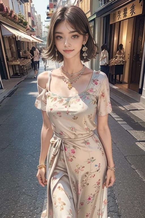 highest quality, Very detailed, masterpiece, 1 person,woman,(((完璧なwomanの体))),Very beautiful face, Very beautiful body,Gentle expression, Very beautiful eyes,(Perfect Makeup:1.1), (((Very beautiful fine hair))),short hair,Shaggy Hair,hair color,Ash Brownの髪:1.3, Very thin body,Smart Abs,Silk cotton long dress,Floral,necklace,anklet,Elegant sandals,ショートShaggy Hair,Ash Brown,A kind smile,Full body portrait,(Street background:1.3), (Shiny skin), (Mr.々なFloral:1.4) ,(Earrings),