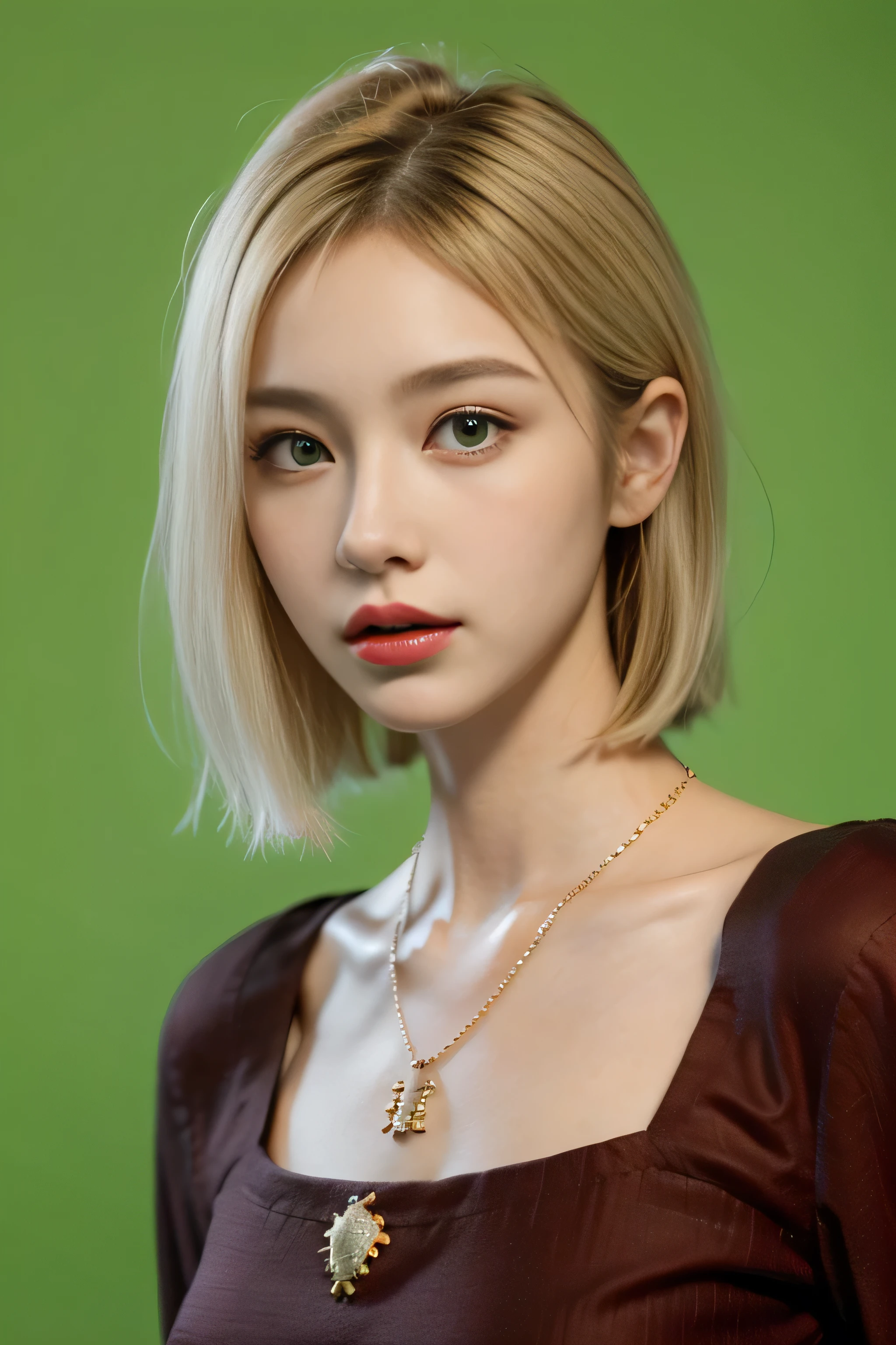 1girl, (cowboy shost:1.4)，solo,long hair,necklace,white hair,looking at viewer,jewelry,realistic,upper body,lips，green background,bangs,simple background,blonde hair,brown eyes,closed mouth,(short hair:1)(, Orange  red hair:1),red lips,green background,