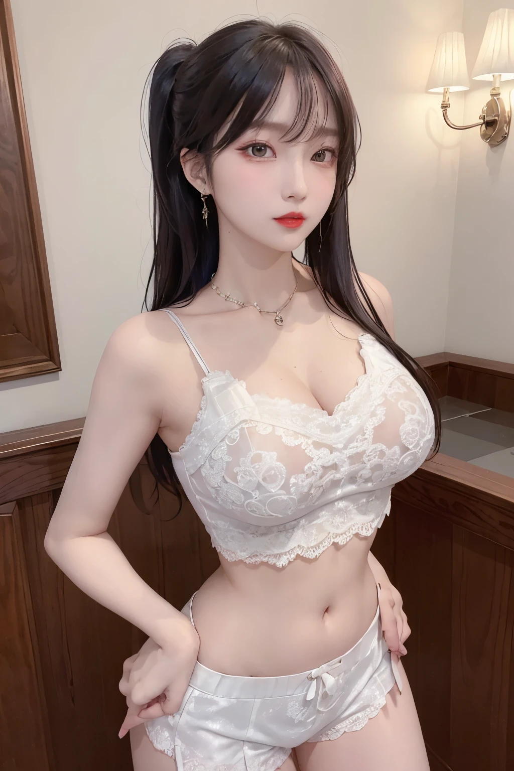 A sexy and charming korea woman, legs thrown back, elegant and intellectual, confident and generous, exquisite and beautiful face, exquisite collarbone, charming fragrant shoulders, navel, full body wet photo, body facing the front, beautiful and exquisite pretty face, peach Red lips, fragrant shoulders slightly exposed, super big breasts looming, focus on the face, seductive and delicate collarbone, ultra-high resolution, tender and smooth skin, very realistic details, bokeh, Bright Background, ultra-high-definition, outstanding details, 8K, blushing face, Attractive collarbone, sexy shoulders, one person, wet bob hair, ponytail long hair, smile with teeth, clothes((luxury lace crop top and lace boxers with deep cleavage, luxury necklace):1.2), high detail, shiny skin, (standing pose:1.5),
