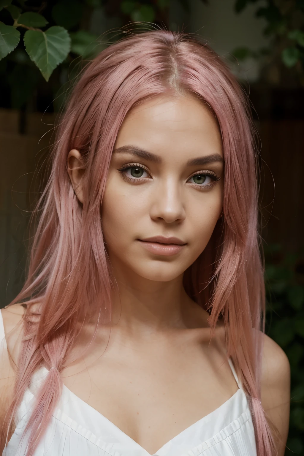 visage,mixed race woman, cheveux rose, magnifique ,very realistic, pink hair, yeux vert,long hair