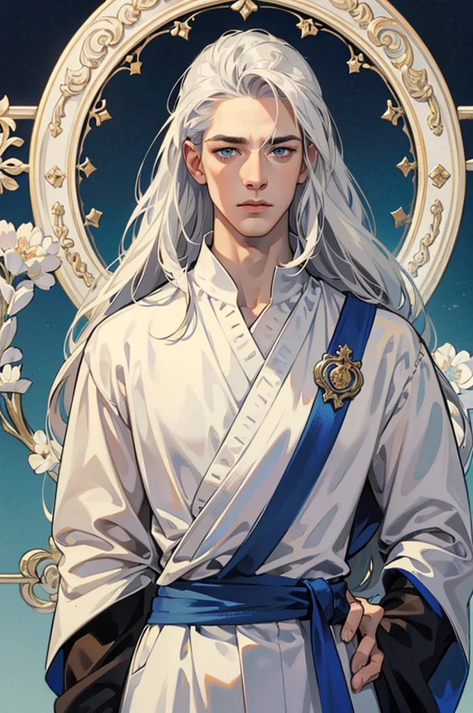 Tall, handsome, courageous, large, broad-shouldered, muscular, athletic young man, long straight hair, platinum blond with blue eyes, tanned skin, he has long straight platinum hair, he is dressed in a white tunic with dark blue patterns and white trousers. Masterpiece, detailed study of the face, beautiful face, beautiful facial features, perfect image, realistic shots, detailed study of faces, full-length image, 8k, detailed image, extremely detailed illustration, a real masterpiece of the highest quality, with careful drawing.