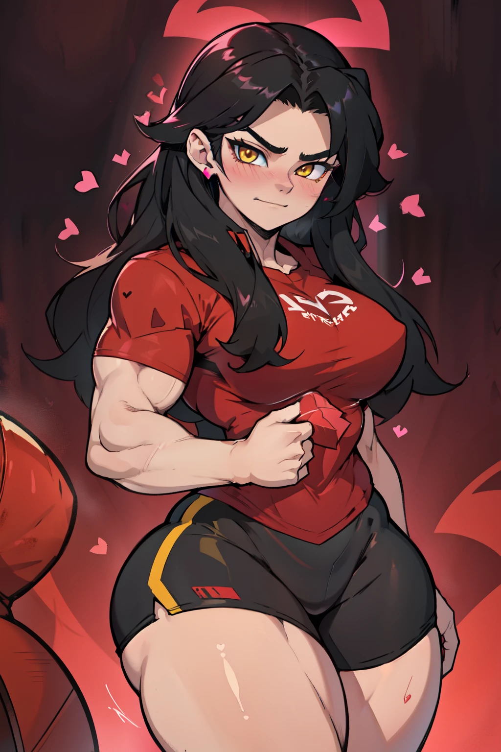 ((1girl)) pale skin large breasts (muscular) toned body thick thighs black hair yellow eyes (long hair) bodybuilder tight red shirt blushing ((((heart seductive expression)))) best quality hair flaps perfect anatomy