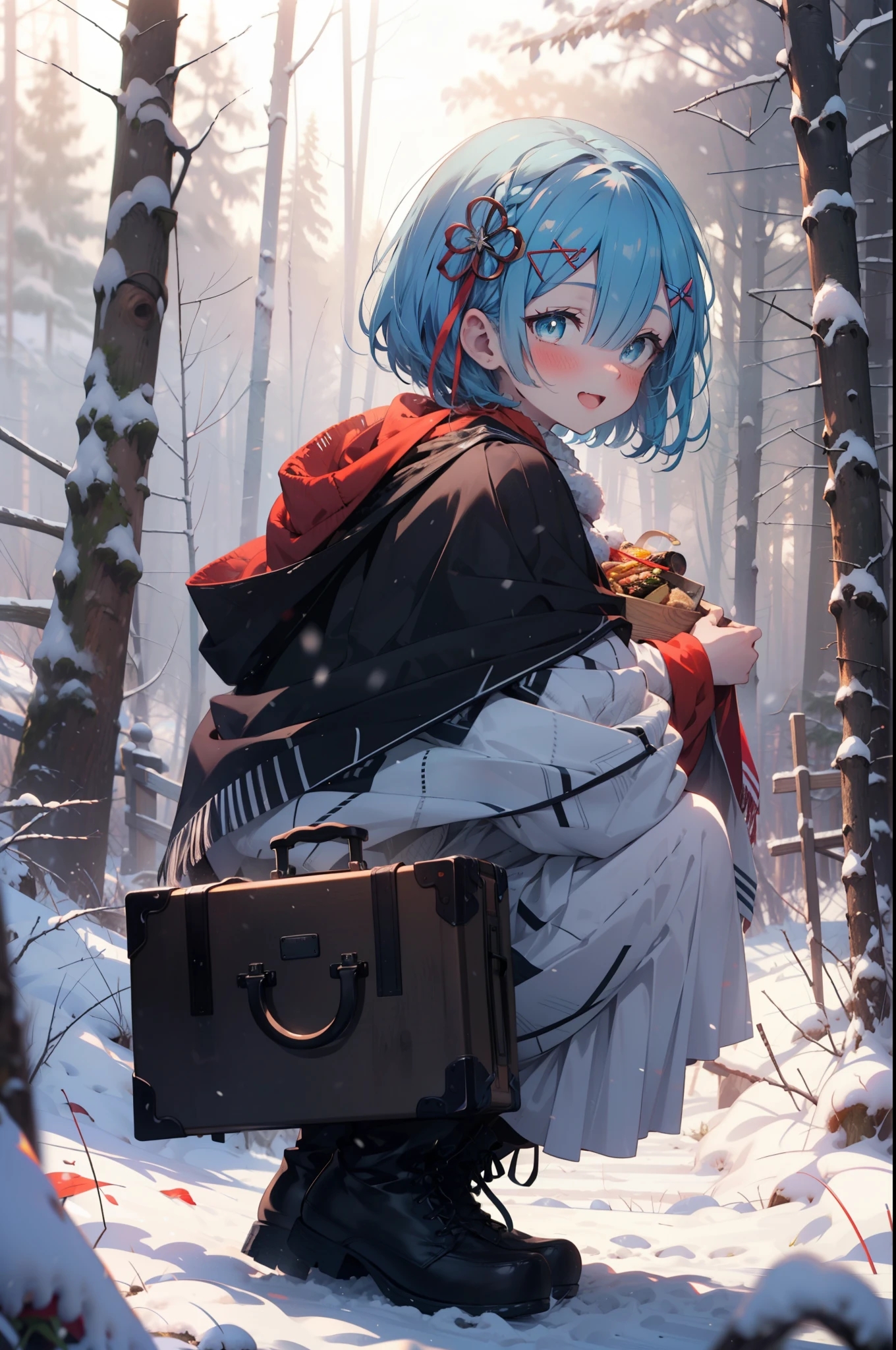 rezeroRem, Rem, blue eyes, Blue Hair, hair ornaments, Hair on one eye, hair ribbon, short hair, x hair ornaments,smile,blush,White Breath,
Open your mouth,snow,Ground bonfire, Outdoor, boots, snowing, From the side, wood, suitcase, Cape, Blurred, having meal, forest, White handbag, nature, Squat, Mouth closed, Cape, winter, Written boundary depth, Black shoes, red Cape break looking at viewer, Upper Body, whole body, break Outdoor, forest, nature, break (masterpiece:1.2), highest quality, High resolution, unity 8k wallpaper, (shape:0.8), (Beautiful and beautiful eyes:1.6), Highly detailed face, Perfect lighting, Highly detailed CG, (Perfect hands, Perfect Anatomy),