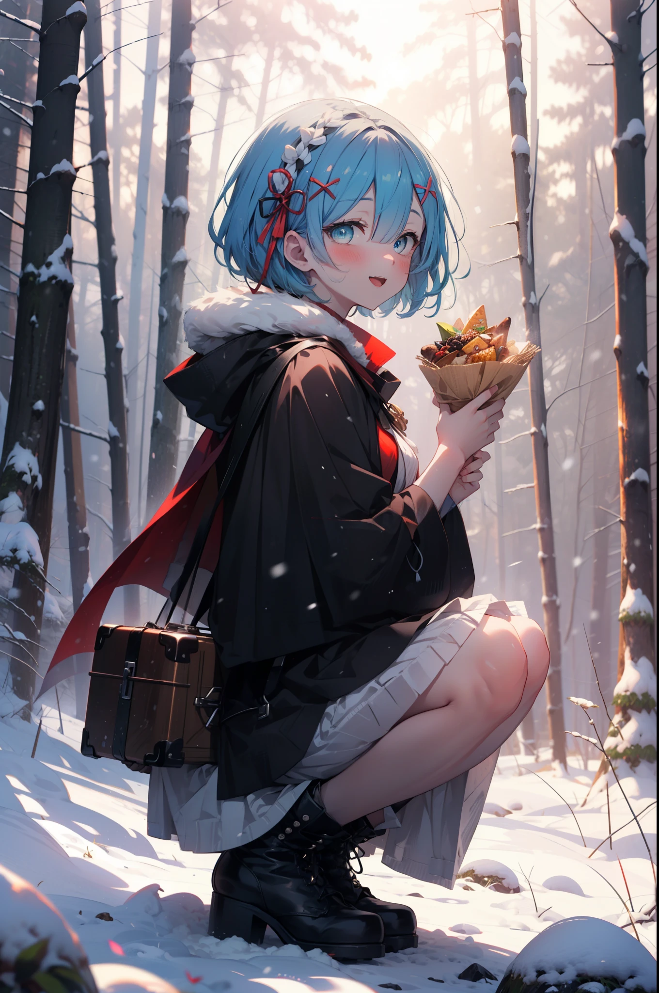 rezeroRem, Rem, blue eyes, Blue Hair, hair ornaments, Hair on one eye, hair ribbon, short hair, x hair ornaments,smile,blush,White Breath,
Open your mouth,snow,Ground bonfire, Outdoor, boots, snowing, From the side, wood, suitcase, Cape, Blurred, having meal, forest, White handbag, nature,  Squat, Mouth closed, Cape, winter, Written boundary depth, Black shoes, red Cape break looking at viewer, Upper Body, whole body, break Outdoor, forest, nature, break (masterpiece:1.2), highest quality, High resolution, unity 8k wallpaper, (shape:0.8), (Beautiful and beautiful eyes:1.6), Highly detailed face, Perfect lighting, Highly detailed CG, (Perfect hands, Perfect Anatomy),