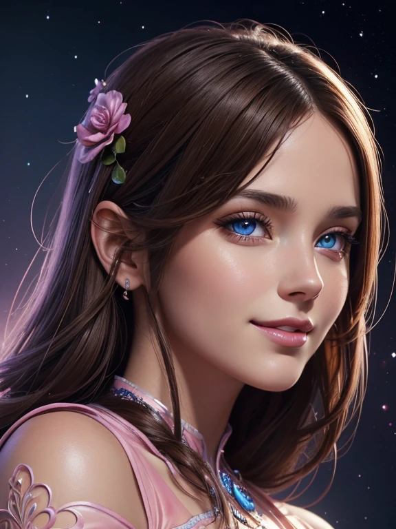 Portrait, beautiful woman with brown hair and a silky blue dress, hourglass figure, symmetrical figure, highly detailed face, beautiful face, calming blue eyes, lush pink lips, smiling, alluring, stunning digital illustration, cosmic fantasy background, beautiful digital artwork, magenta lighting, glossy digital painting, gorgeous digital art, 4k detailed digital art, beautiful digital illustration, 4k highly detailed digital art, beautiful digital art, realistic digital art 4k, realistic digital art 4k, airbrush digital art
