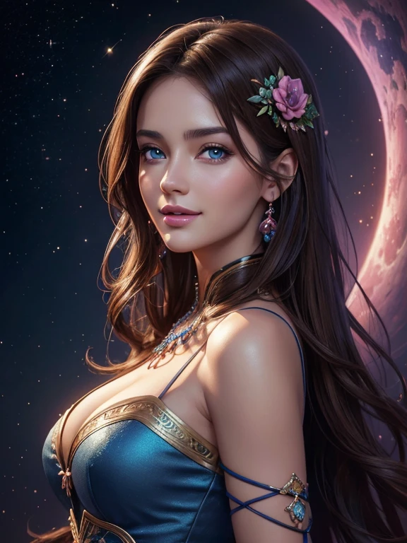 Portrait, beautiful woman with brown hair and a silky blue dress, hourglass figure, symmetrical figure, highly detailed face, beautiful face, calming blue eyes, lush pink lips, smiling, alluring, stunning digital illustration, cosmic fantasy background, beautiful digital artwork, magenta lighting, glossy digital painting, gorgeous digital art, 4k detailed digital art, beautiful digital illustration, 4k highly detailed digital art, beautiful digital art, realistic digital art 4k, realistic digital art 4k, airbrush digital art