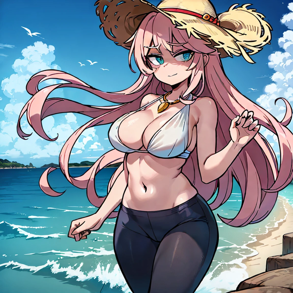 (masterpiece, best quality:1.2), cowboy shot, (solo), (1girl):1.5, glasses, long fluffy pink hair, hair blowing, gorgeous body, wide hips, slight smile, (elegant swimswit), navel exposed, mid breasts, breasts niples, cameltoe, in front a palms in a windy beach, view form sea to beach.