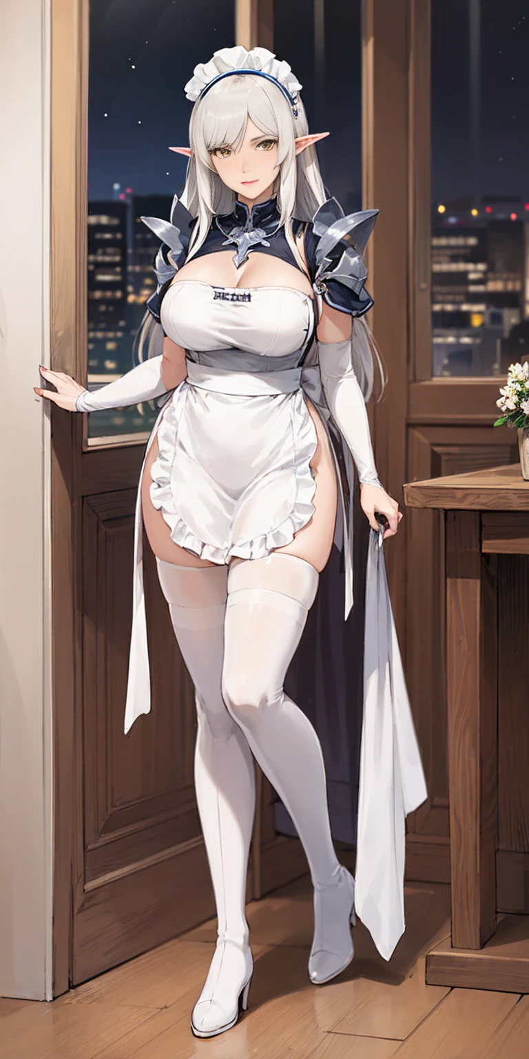 (mature female:1.4), masterpiece, best quality (maid, maid headdress, maid apron), standing, indoors, window, masterpiece, best quality, high quality, white SKIN elf, long hair, white hair, yellow eyes, full body, def_effie, blue breastplate, white skin, looking at viewer, shiny armor, thigh highs, high boots, shoulder armor, faulds, poleyn, gloves, gauntlets