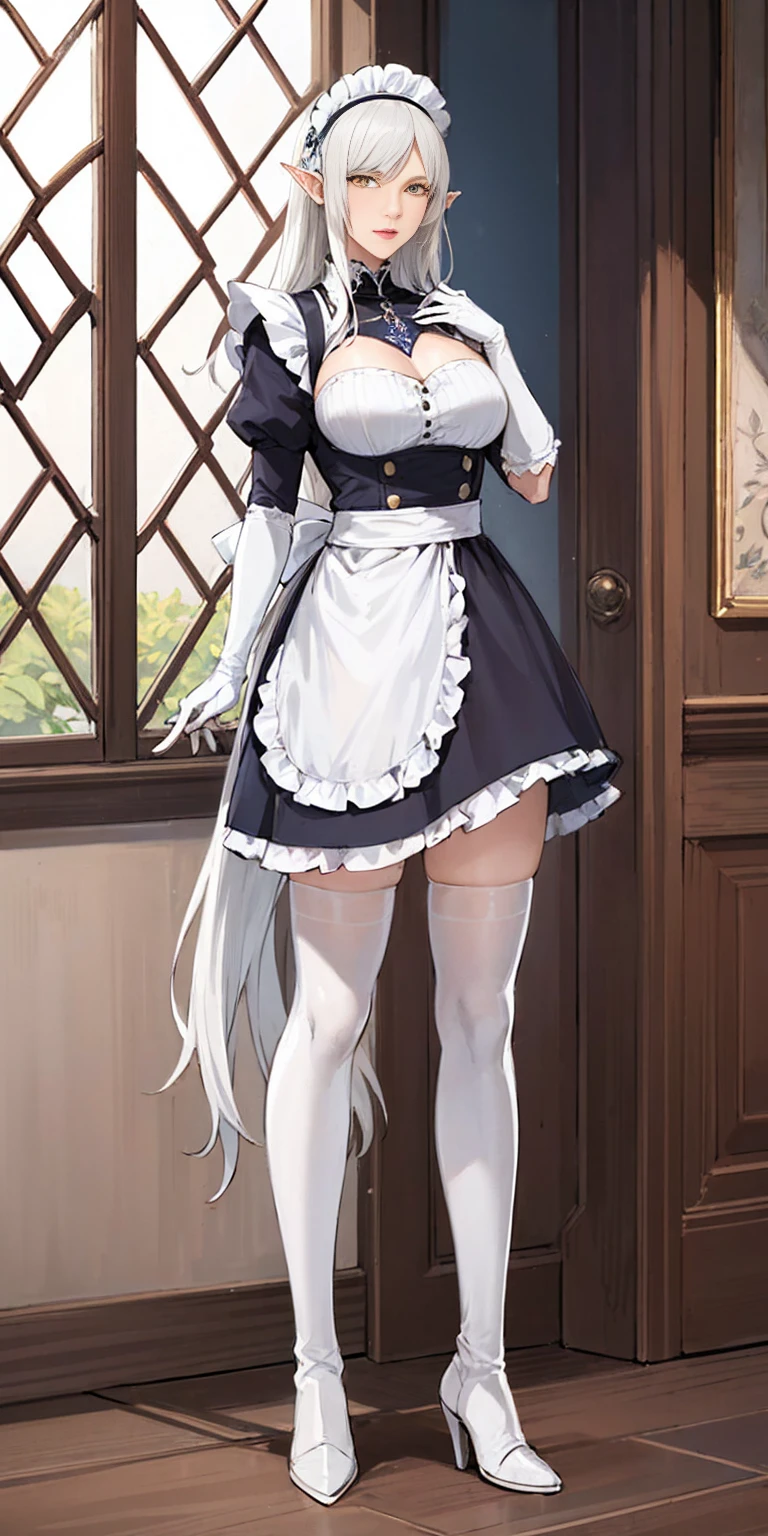 (mature female:1.4), masterpiece, best quality (maid, maid headdress, maid apron), standing, indoors, window, masterpiece, best quality, high quality, white SKIN elf, long hair, white hair, yellow eyes, full body, def_effie, blue breastplate, white skin, looking at viewer, shiny armor, thigh highs, high boots, shoulder armor, faulds, poleyn, gloves, gauntlets