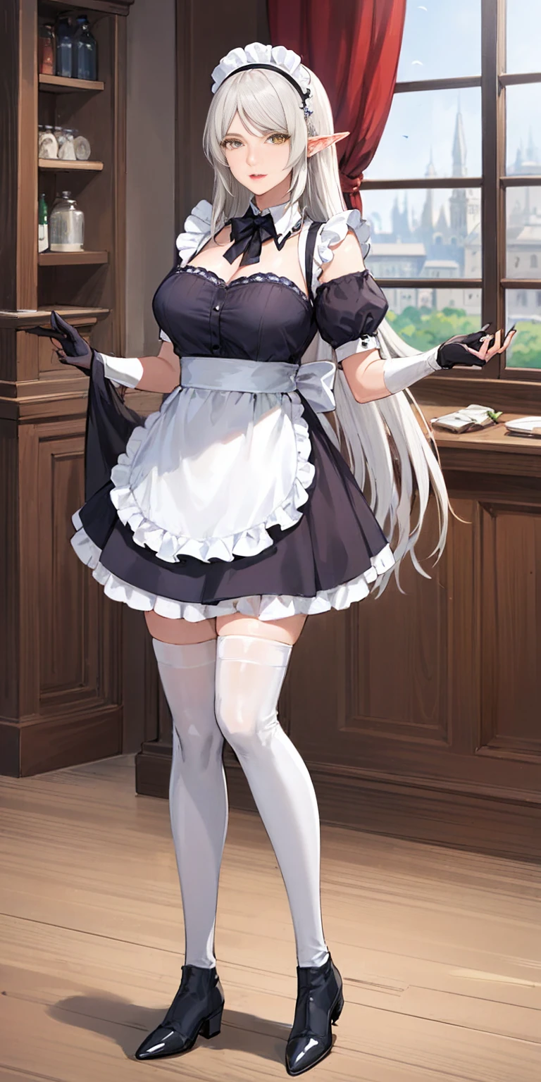 (mature female:1.4), masterpiece, best quality (maid, maid headdress, maid apron), standing, indoors, window, masterpiece, best quality, high quality, white SKIN elf, long hair, white hair, yellow eyes, full body, def_effie, blue breastplate, white skin, looking at viewer, shiny armor, thigh highs, high boots, shoulder armor, faulds, poleyn, gloves, gauntlets