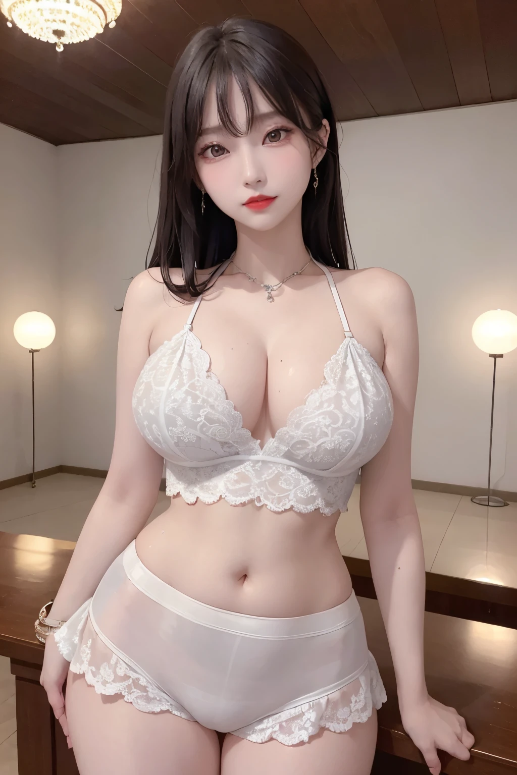 A sexy and charming korea woman, legs thrown back, elegant and intellectual, confident and generous, exquisite and beautiful face, exquisite collarbone, charming fragrant shoulders, navel, full body wet photo, body facing the front, beautiful and exquisite pretty face, peach Red lips, fragrant shoulders slightly exposed, super big breasts looming, focus on the face, seductive and delicate collarbone, ultra-high resolution, tender and smooth skin, very realistic details, bokeh, Bright Background, ultra-high-definition, outstanding details, 8K, blushing face, Attractive collarbone, sexy shoulders, one person, wet bob hair, ponytail long hair, smile with teeth, clothes((luxury lace crop top and lace boxers with deep cleavage, luxury necklace):1.2), high detail, shiny skin, (standing pose:1.5),