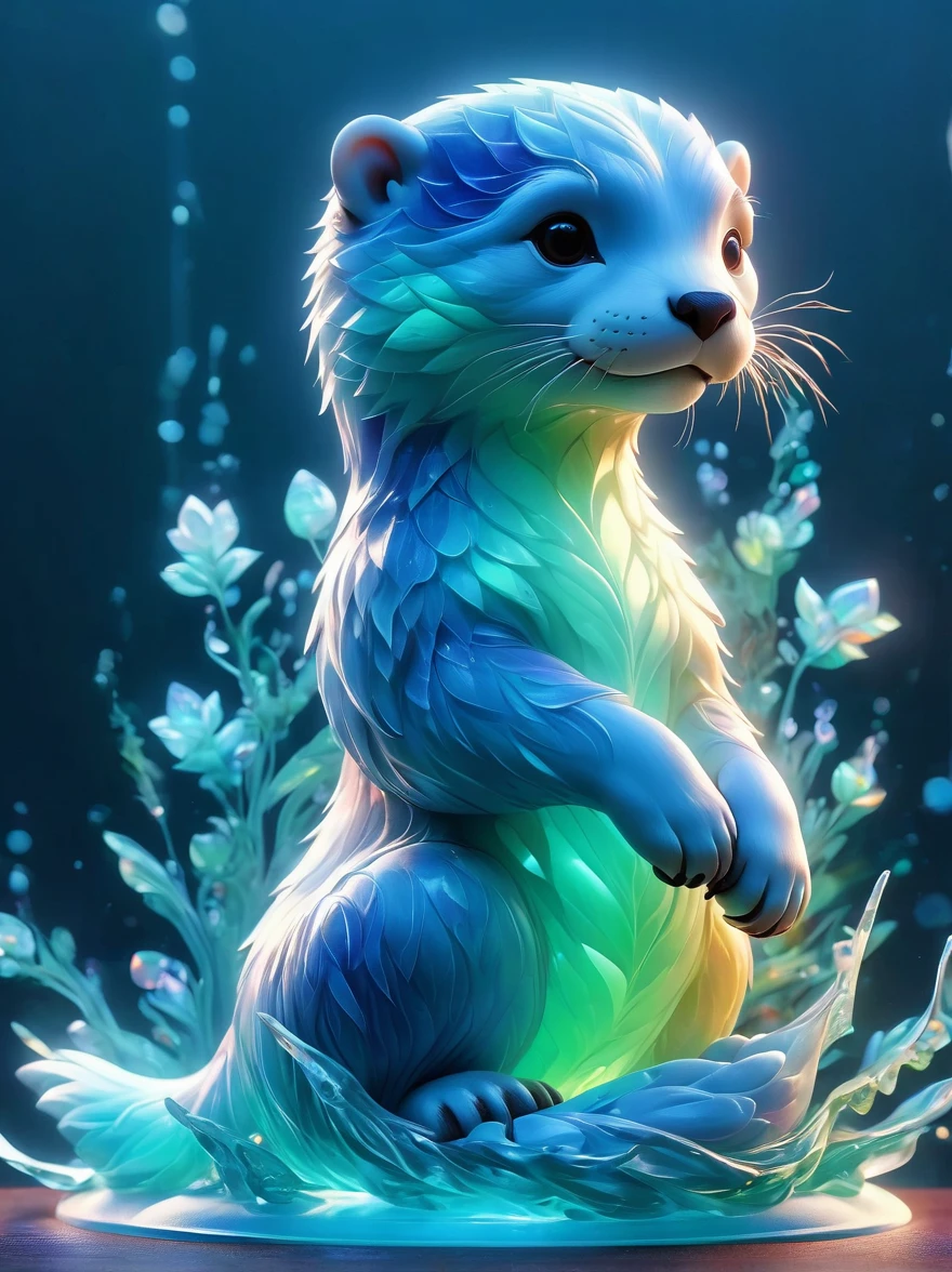  (artwork，An Otter，concept art,),Art jade doll，(16k, ultra-high resolution:1.4), (close-up, hyper-detailed:1.3), Art Jade Doll, Translucent Jade Textured Otter, 3D, Hyper Maximalist, Kinetic Art, Luminism, Pixar-inspired, Backlighting, Blacklight, Glowing, Ice Sculpture, Baby Blue, Cold Colors Palette, Vibrant Holographic Gradient, Amber, Citrine, Iridescent, Opalescence, Quartz, (luminous, radiant:1.2), (vivid, holographic:1.3), (opalescent, shimmering:1.1), (crystal clear, icy:1.2), (dynamic, kinetic:1.4), (cinematic, Pixar-quality:1.5).