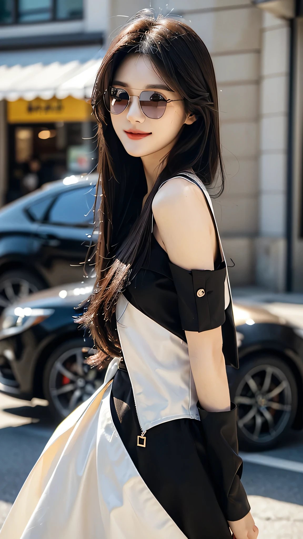 ​masterpiece、top-quality)、1 beutiful girl、((Wearing black sunglasses )), (Detailed beautiful eyes), ((Detailed skin)) , ((Detailed medium hair)), Walk around the store、((Boyish Brown Medium Hair))、((Smaller face))、((Neutral face))、((Face seen from the side))、((Light brown eyes))、((Korean Girl))、((18year old))、((cool lady))、((A shy smile on his face))、((Korean Makeup))、((elongated and sharp eyes))、((Happy dating))、((boyish))、((Shot from the same height as your face)、), ((CG rendering)), ((Blurred background)), ((16K)),  ((Very detailed)), ((wallpaper)), ((depth of field)), ((movie light)), (( Ray tracing)).