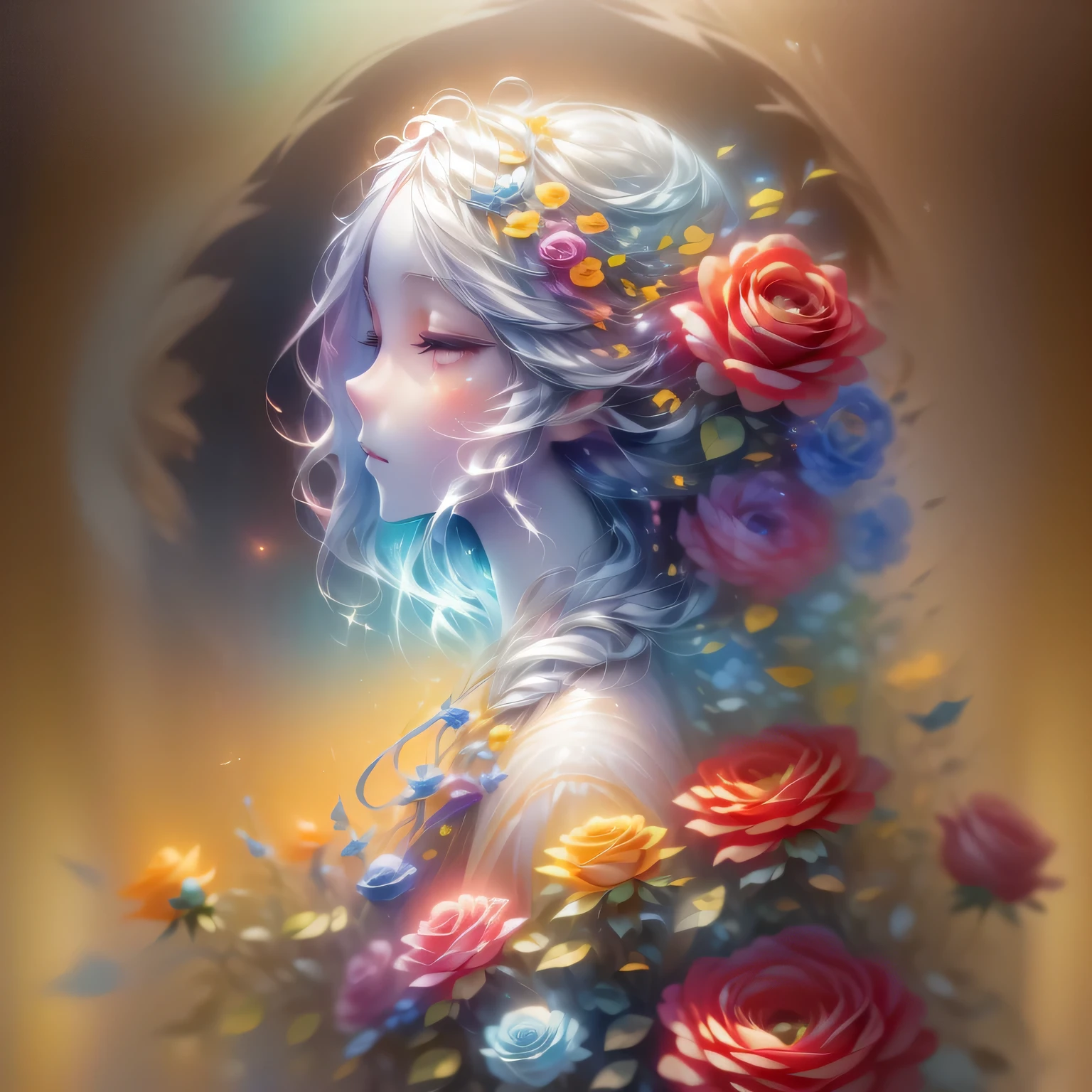 (Profile beauty,Long colored hair,close your eyes,masterpiece roses),Rainbow background, (figure:1.2,Paper Art:1.2, Tangled:1.2, 3D Rendering),(highest quality, Detailed explanation, masterpiece, Official Art, Lighting Effects, 4K, Chiaroscuro)