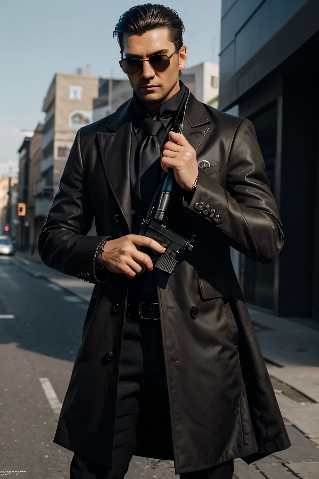 avant-grade style details accessory gun in hand dynamic pose mafia man intricate designer high fashion costume character photorealistic wearing sunglasses wearing long coat charismatic stylish 3d game character costume design