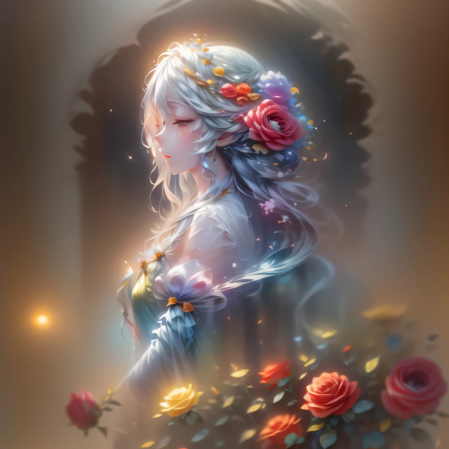 (Profile beauty,Long colored hair,close your eyes,masterpiece roses),Rainbow background, (figure:1.2,Paper Art:1.2, Tangled:1.2, 3D Rendering),(highest quality, Detailed explanation, masterpiece, Official Art, Lighting Effects, 4K, Chiaroscuro)