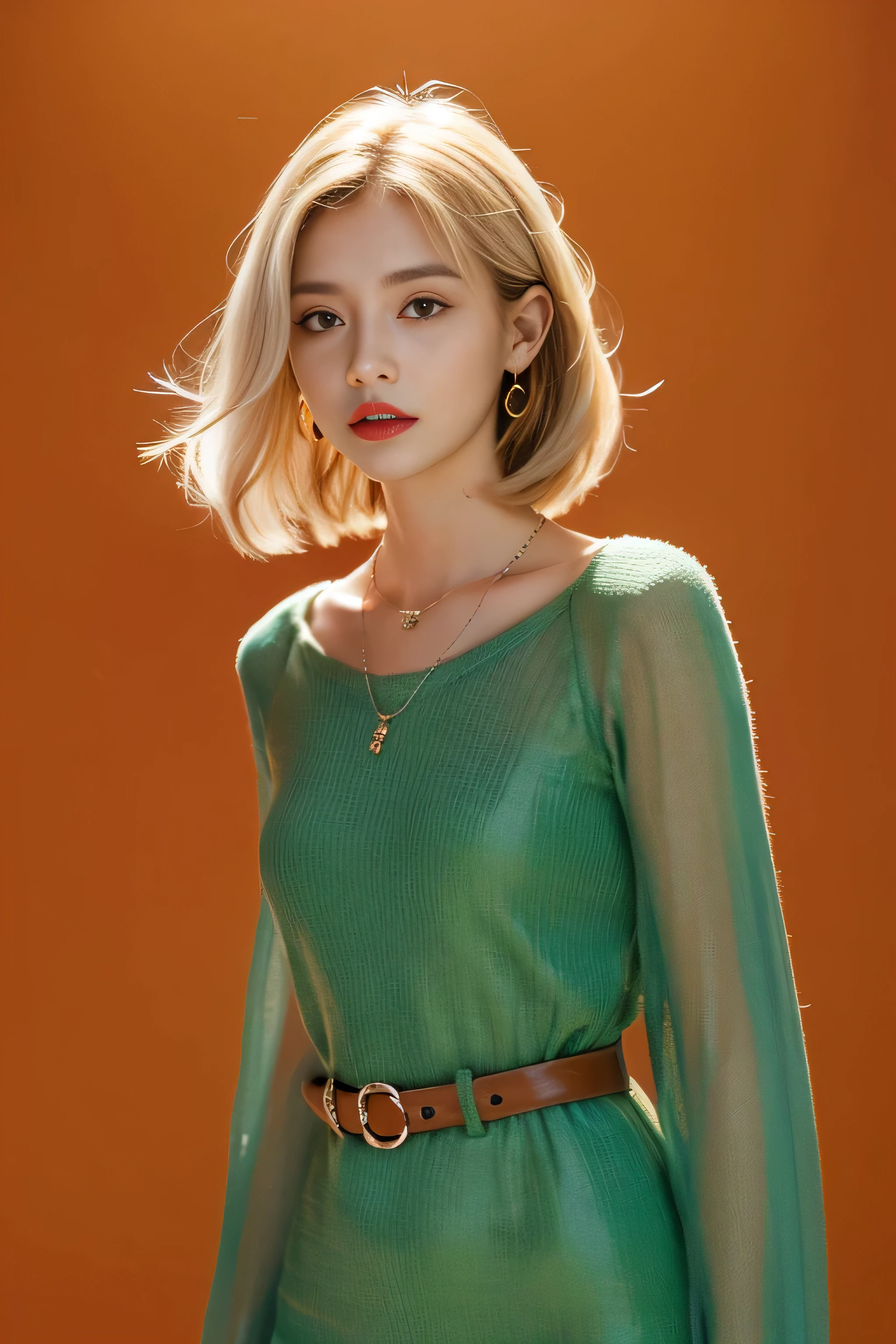 1girl, (cowboy shost:1.4)，solo,long hair,necklace,white hair,looking at viewer,jewelry,realistic,upper body,lips，green background,bangs,simple background,blonde hair,brown eyes,closed mouth,(short hair:1)(, Orange  red hair:1),red lips,green background,