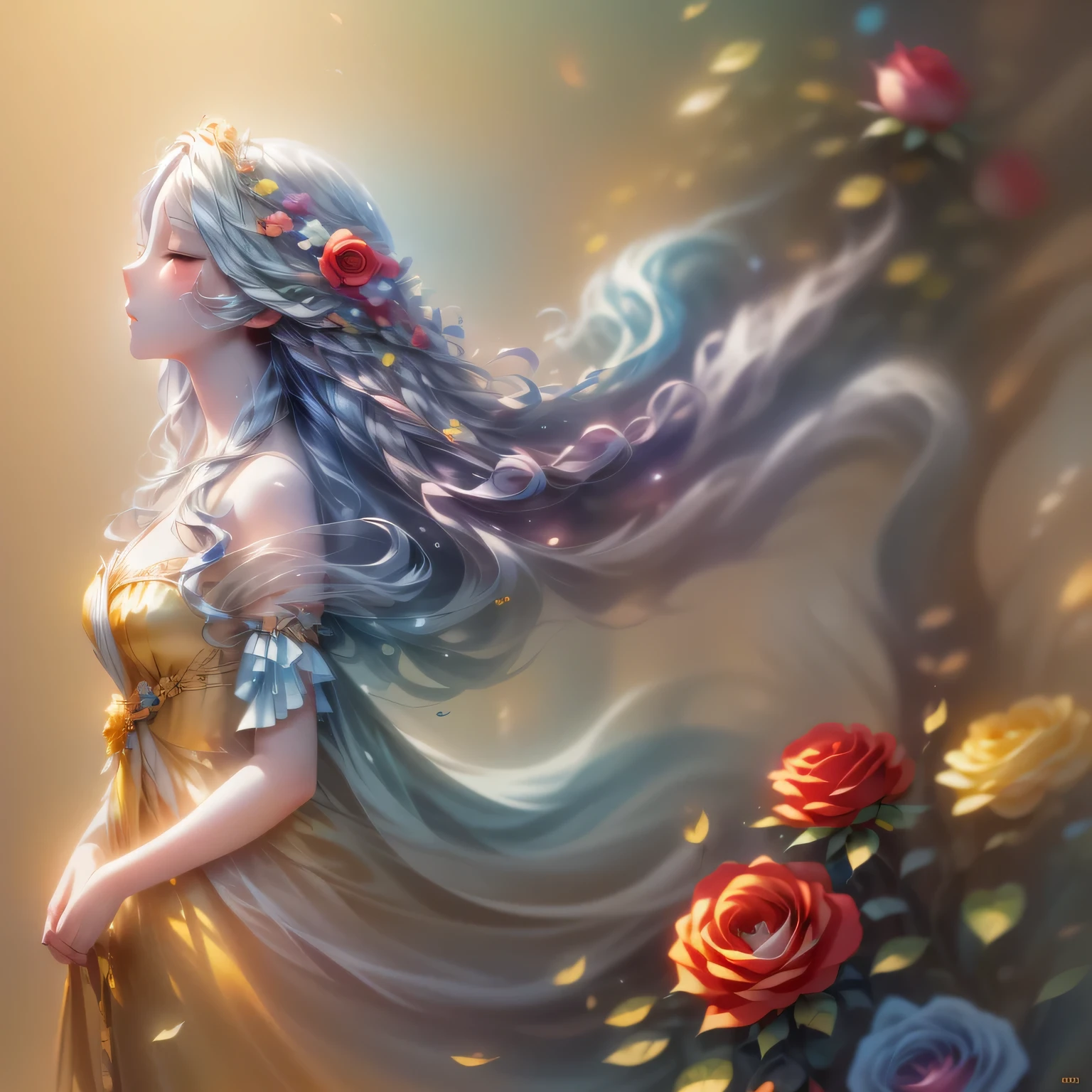 (Profile beauty,Long colored hair,close your eyes,masterpiece roses),Rainbow background, (figure:1.2,Paper Art:1.2, Tangled:1.2, 3D Rendering),(highest quality, Detailed explanation, masterpiece, Official Art, Lighting Effects, 4K, Chiaroscuro)